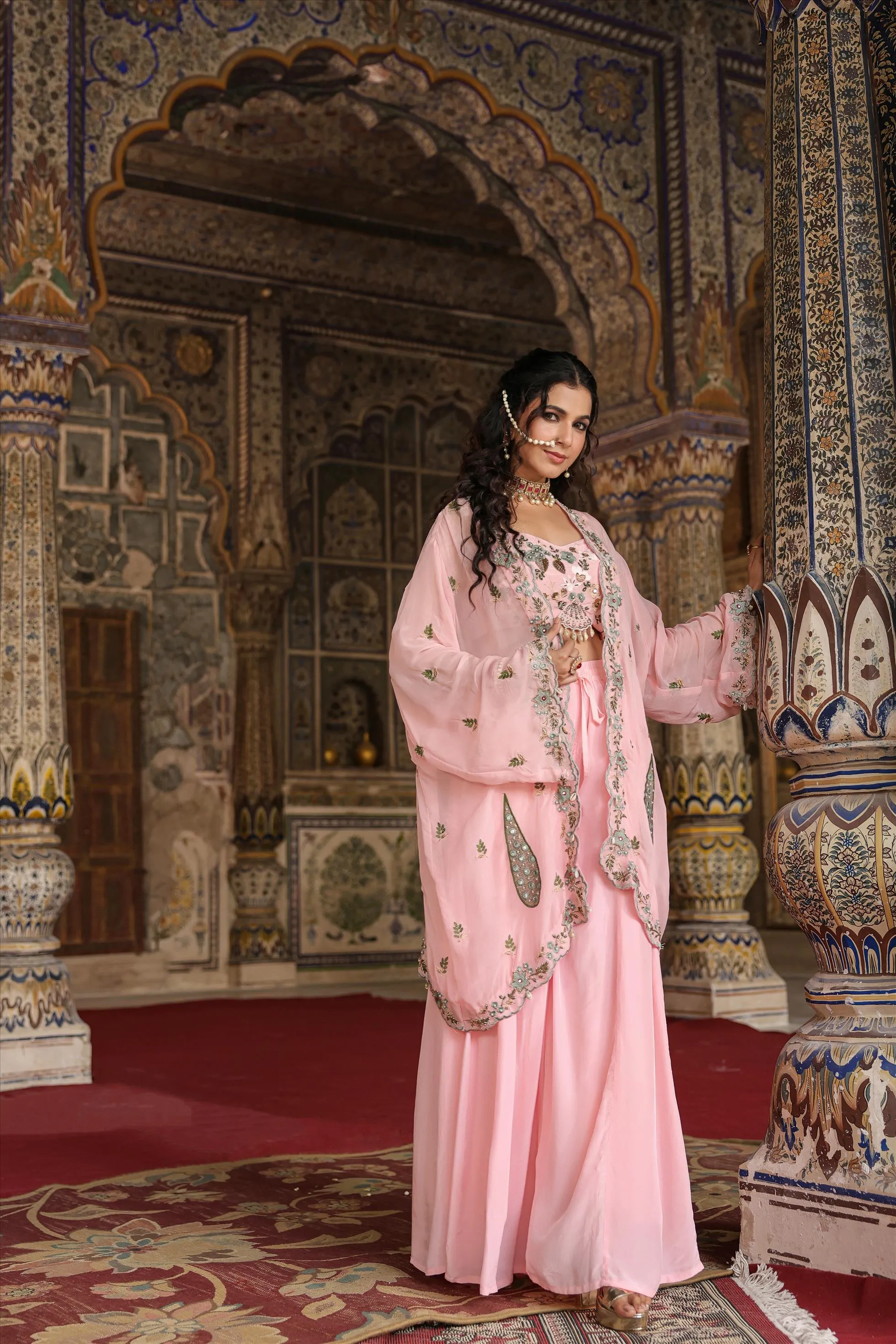 Pink Crepe Silk Embroidered Choli Palazzo Cape Set