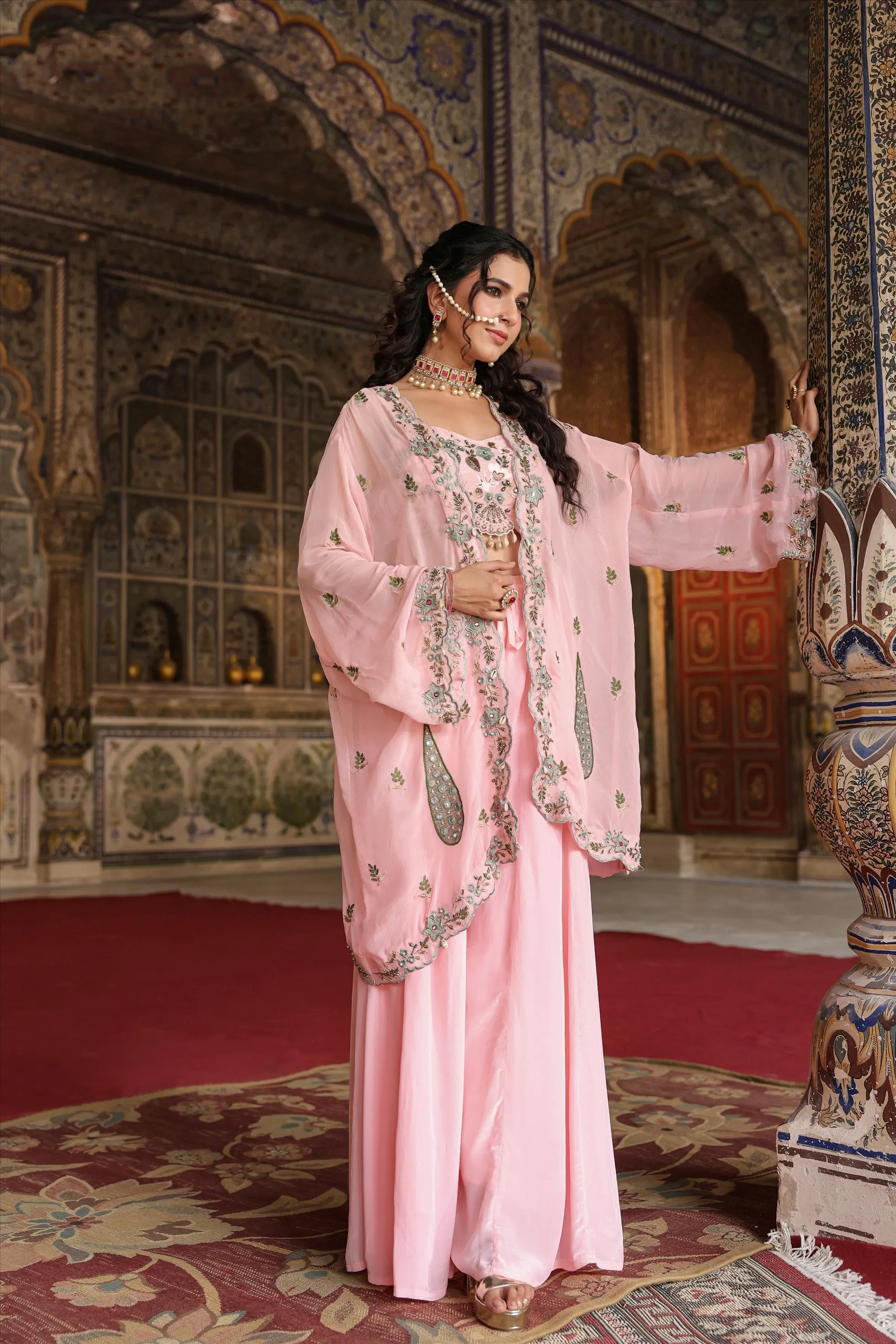 Pink Crepe Silk Embroidered Choli Palazzo Cape Set