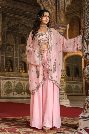 Pink Crepe Silk Embroidered Choli Palazzo Cape Set