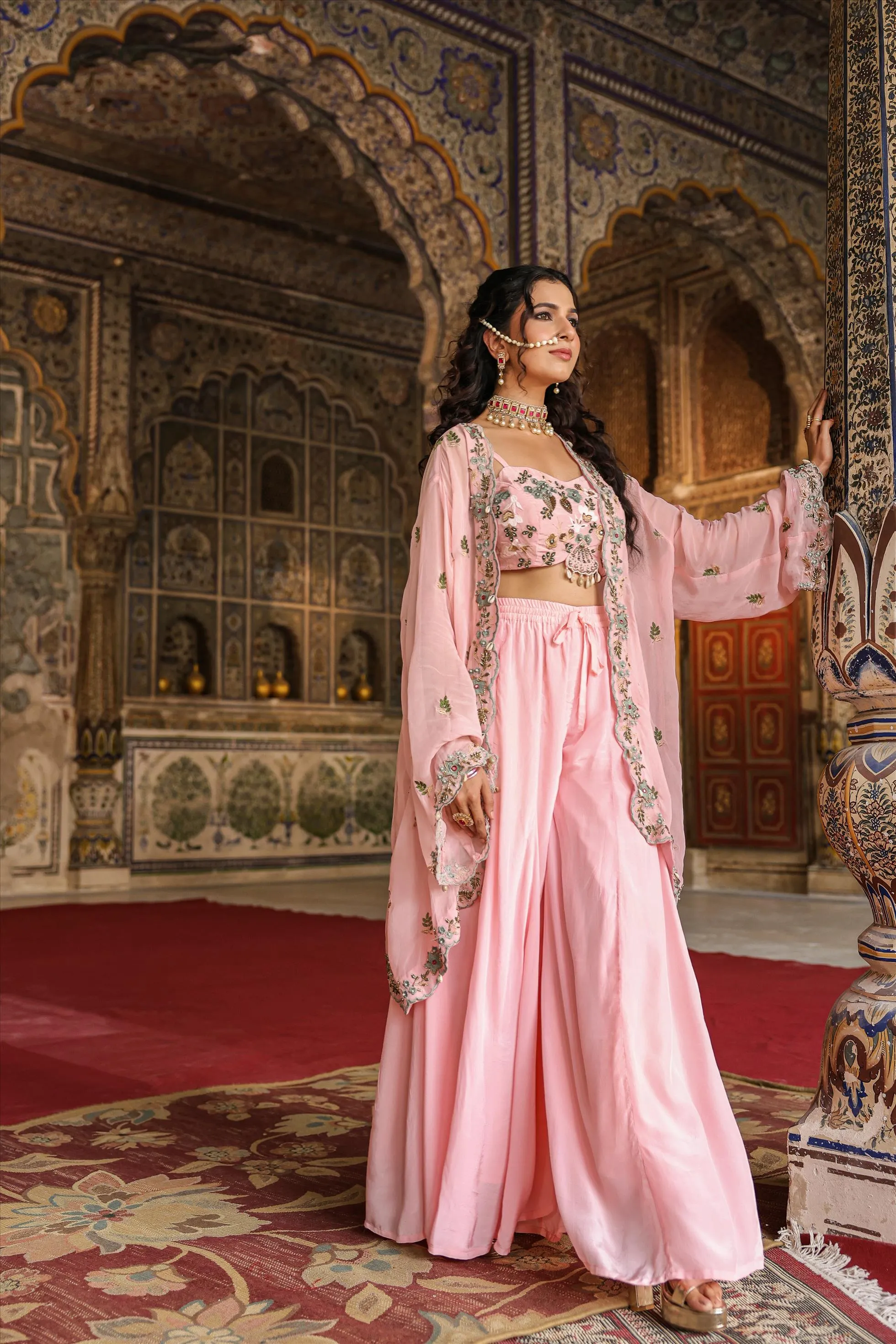 Pink Crepe Silk Embroidered Choli Palazzo Cape Set