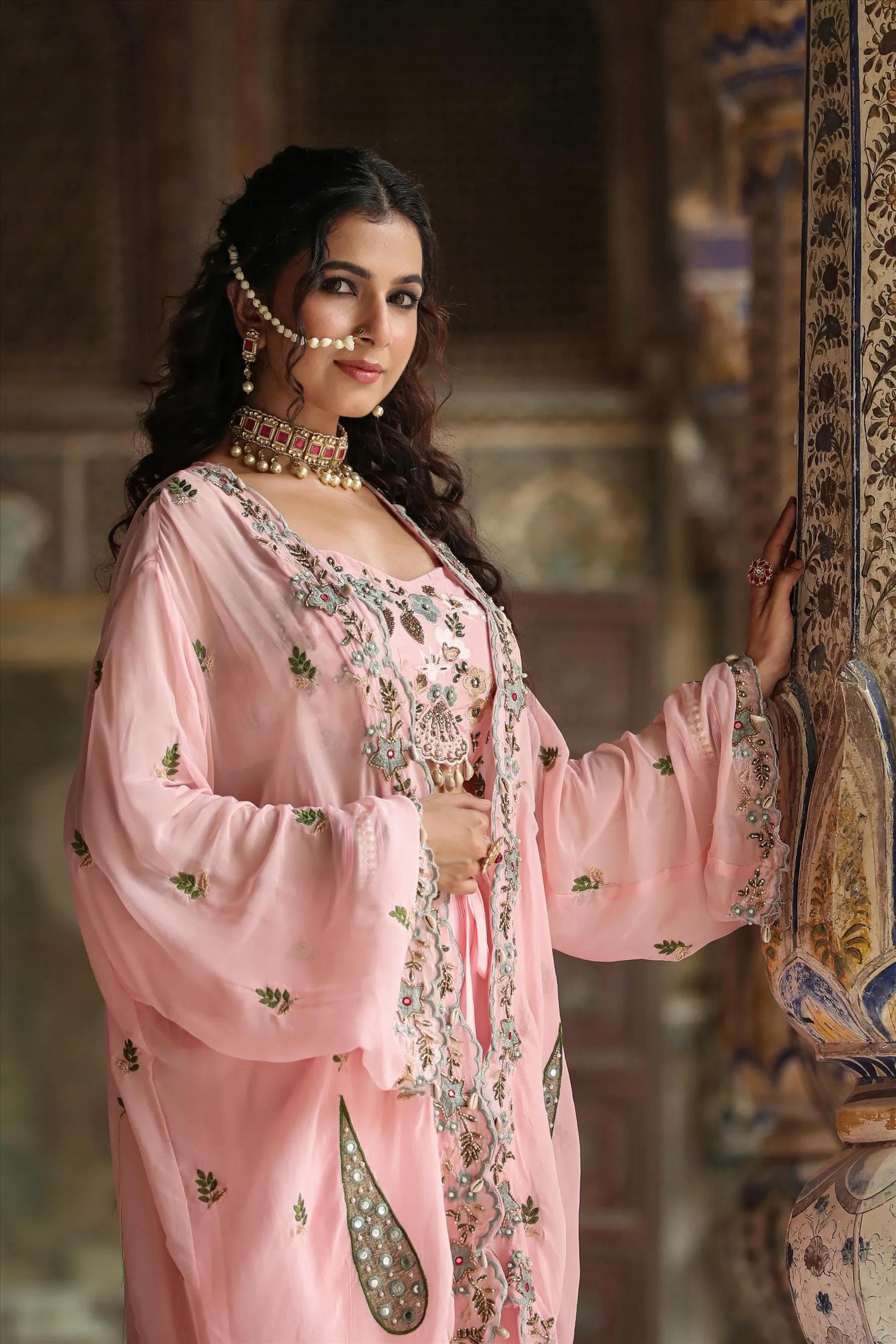 Pink Crepe Silk Embroidered Choli Palazzo Cape Set