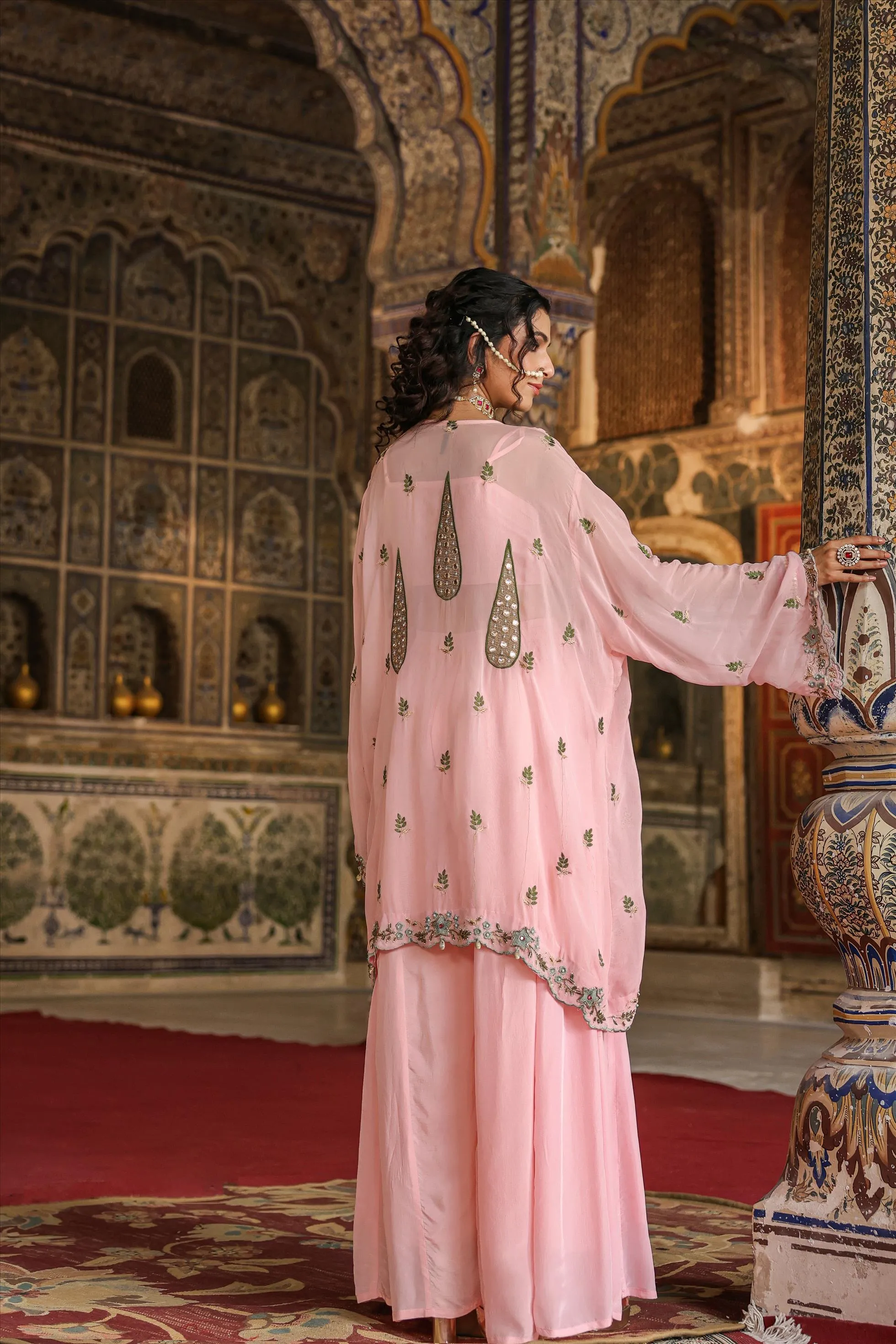 Pink Crepe Silk Embroidered Choli Palazzo Cape Set
