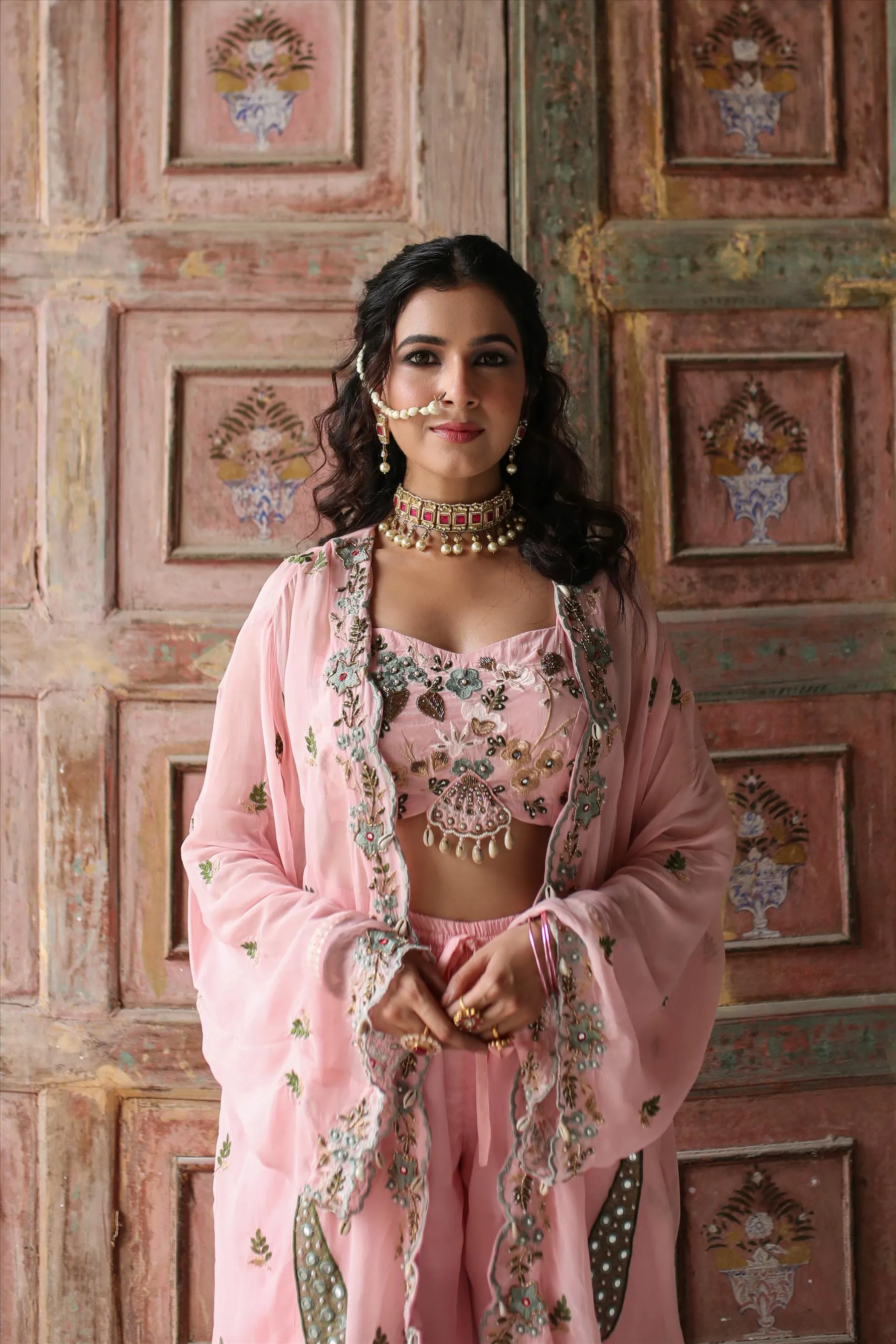 Pink Crepe Silk Embroidered Choli Palazzo Cape Set