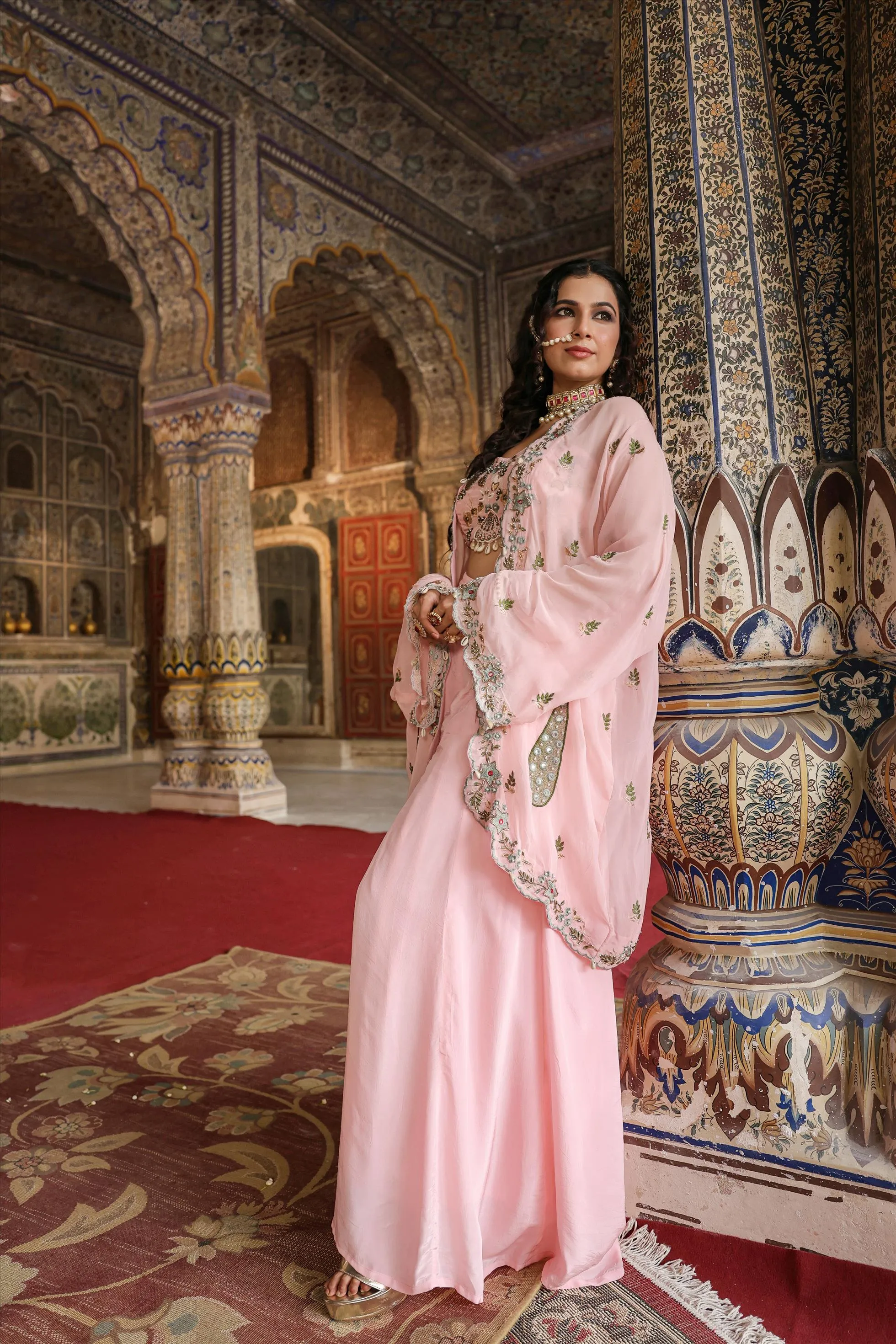 Pink Crepe Silk Embroidered Choli Palazzo Cape Set