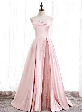 Pink Strapless Satin Long Prom Dress, Beautiful A-Line Evening Dress