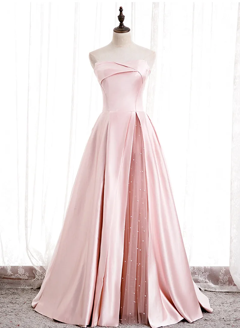 Pink Strapless Satin Long Prom Dress, Beautiful A-Line Evening Dress