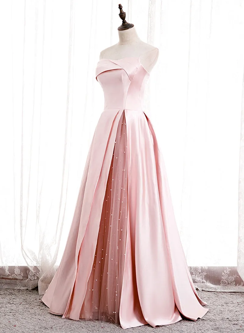 Pink Strapless Satin Long Prom Dress, Beautiful A-Line Evening Dress