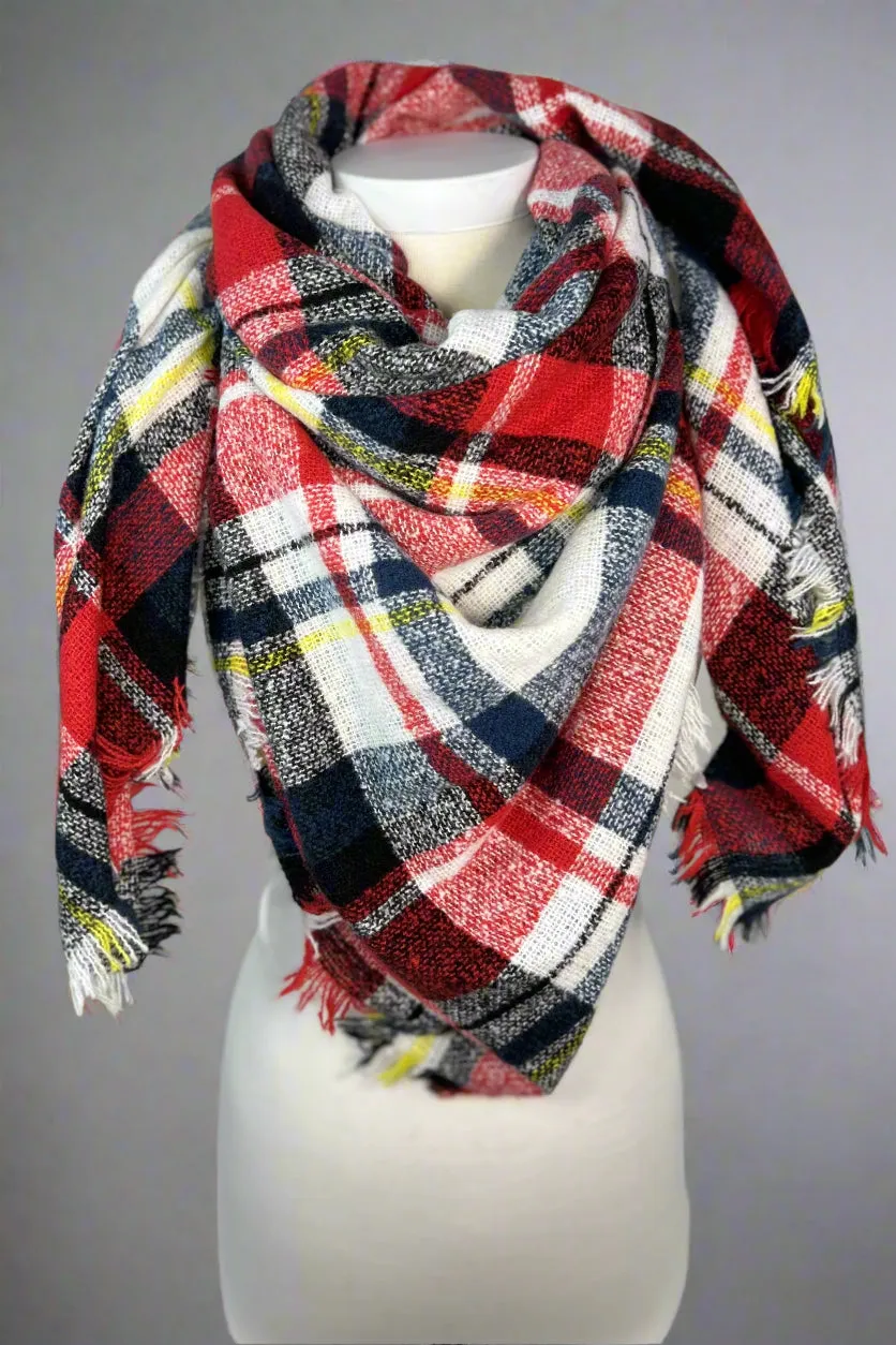 Plaid Square Scarf White & Red