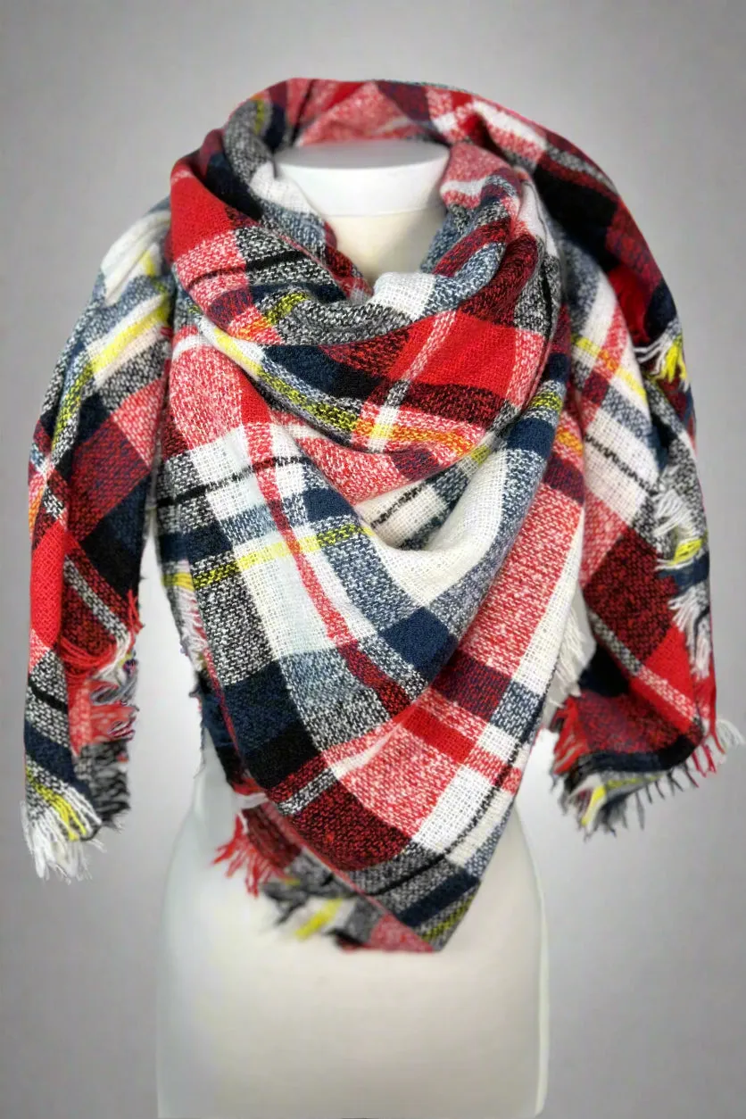 Plaid Square Scarf White & Red