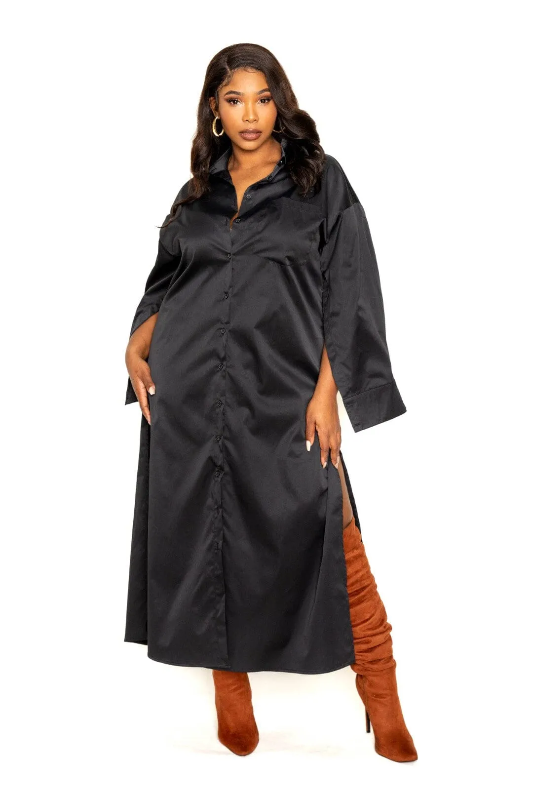 Plus Size Black Cape Sleeve Button Down Shirt Maxi Dress