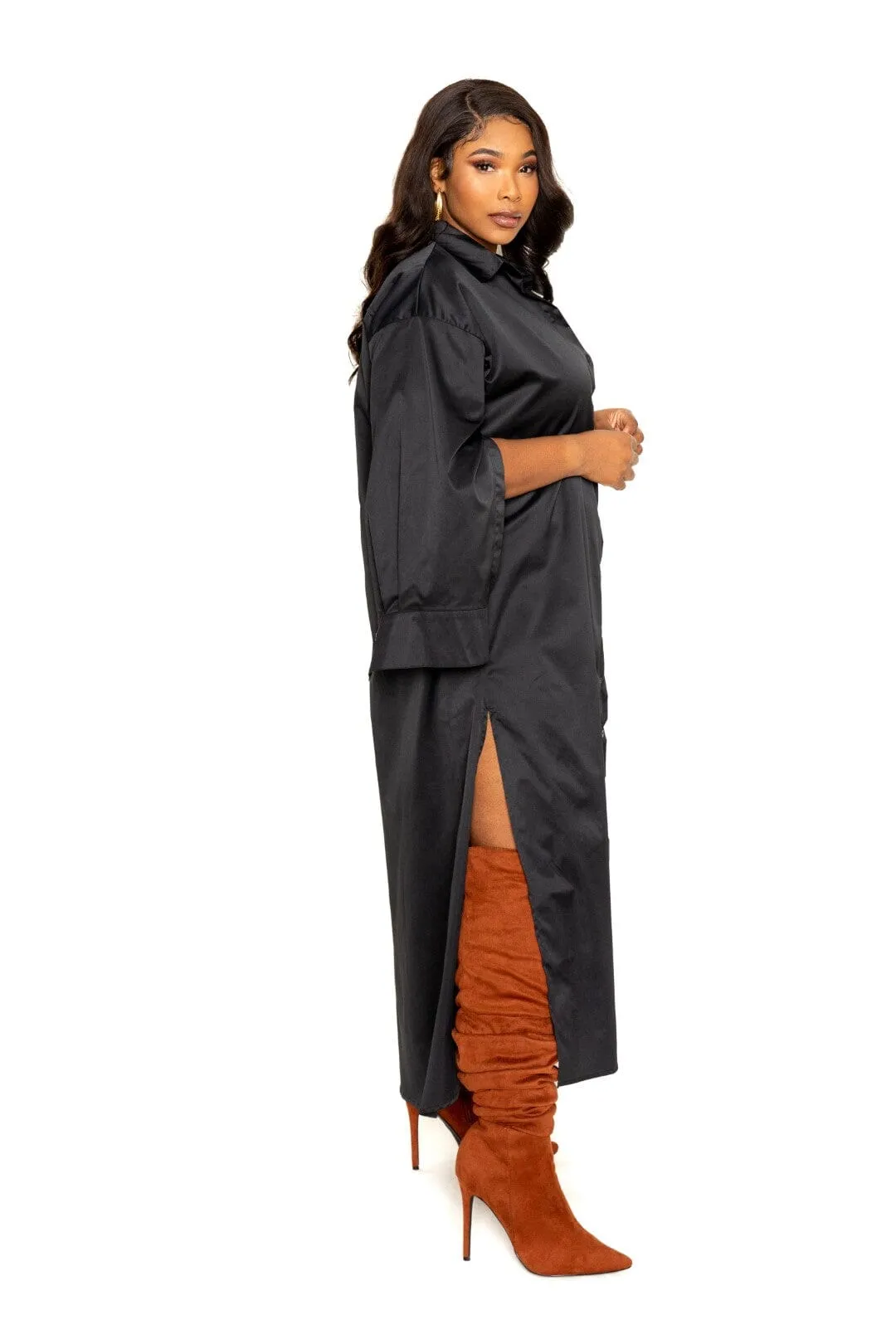 Plus Size Black Cape Sleeve Button Down Shirt Maxi Dress