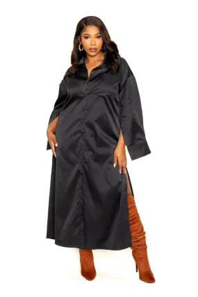 Plus Size Black Cape Sleeve Button Down Shirt Maxi Dress