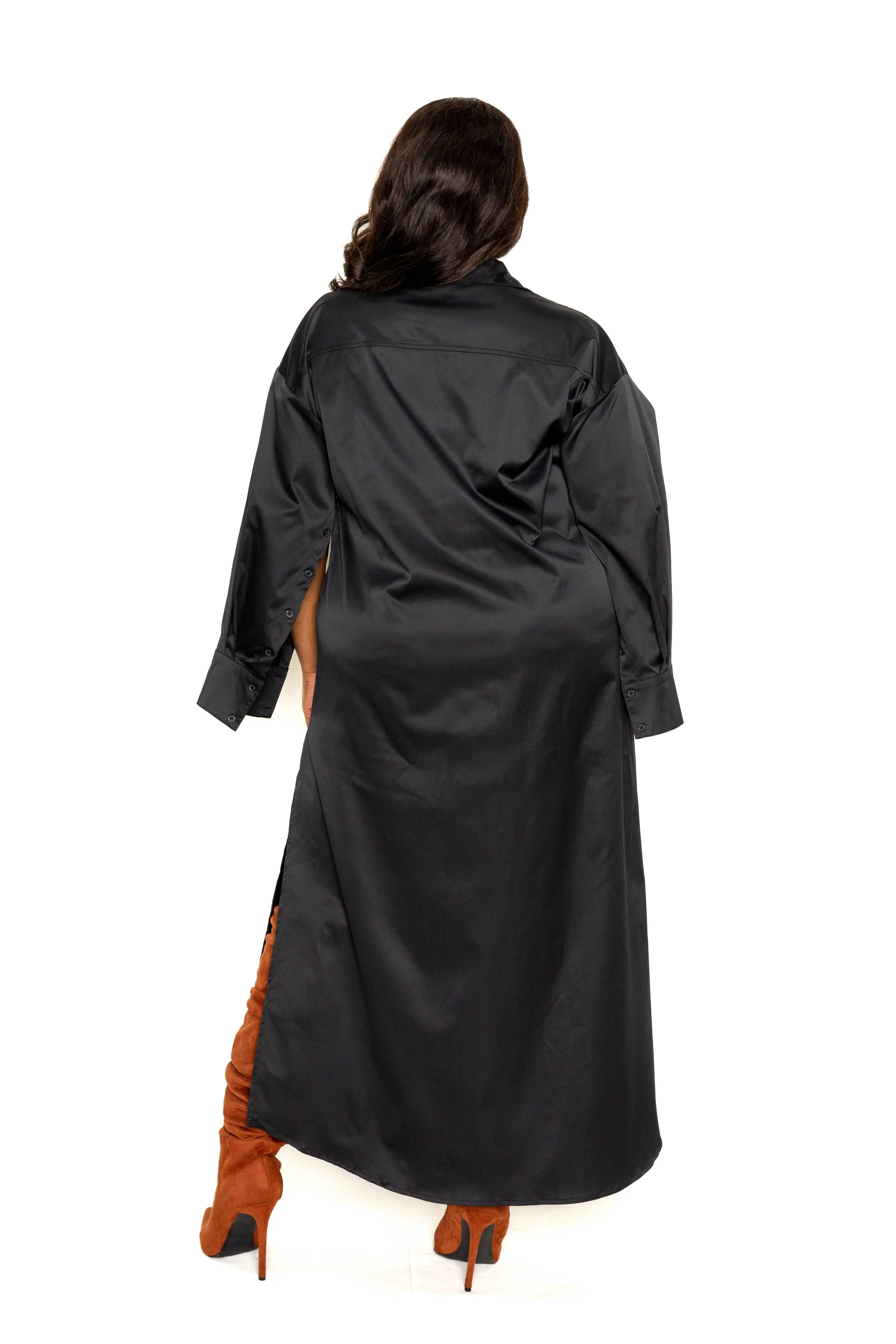 Plus Size Black Cape Sleeve Button Down Shirt Maxi Dress