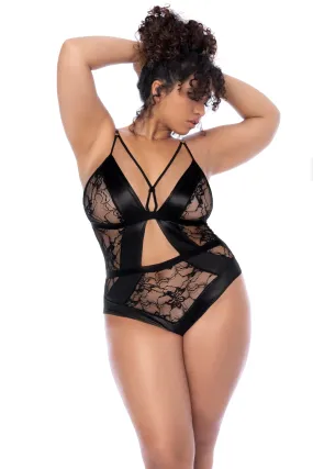 Plus Size Wet Look Black & Floral Lace Cheeky Bodysuit Teddy Lingerie