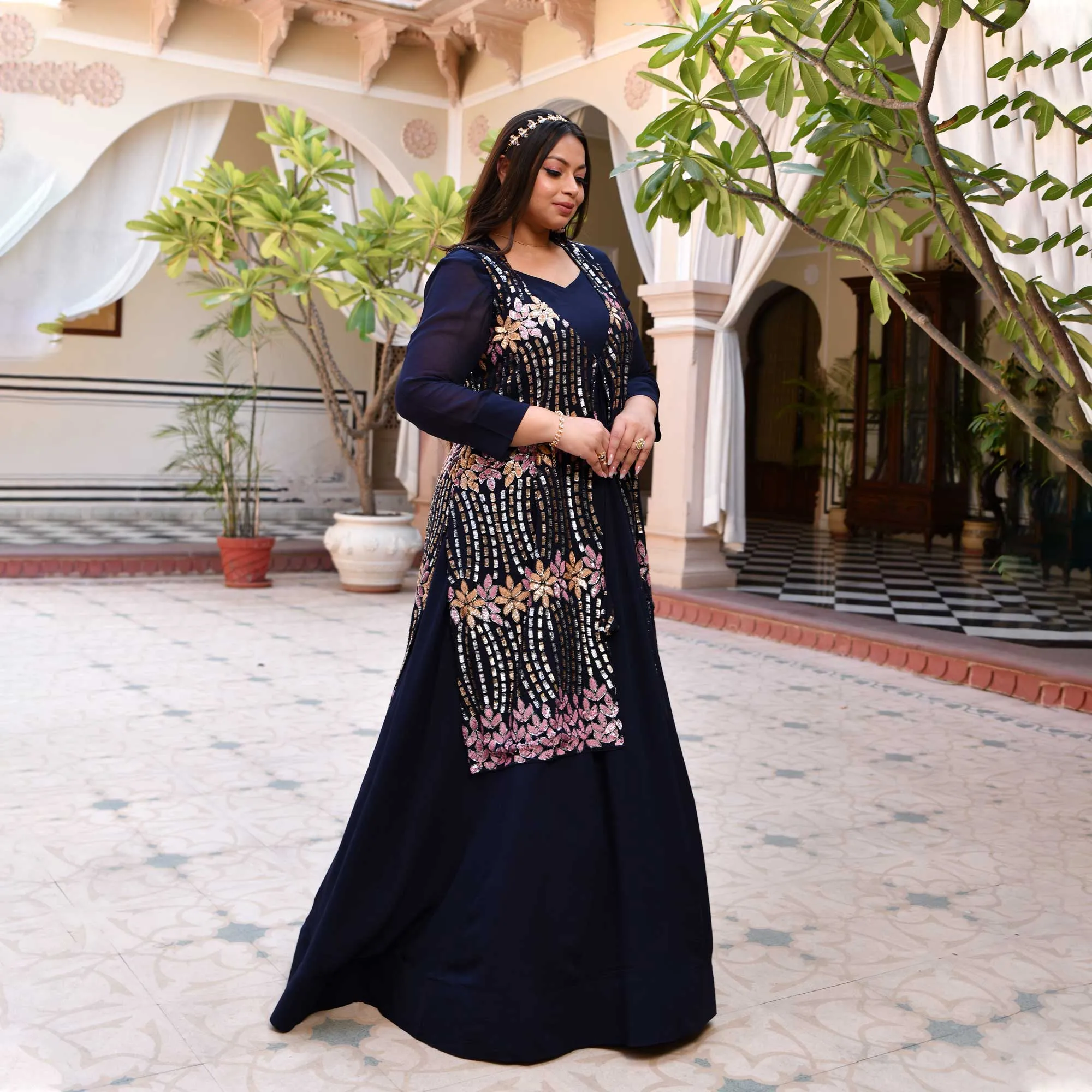Regal Navy Sequin Embroidered Pure Georgette Anarkali Cape Set