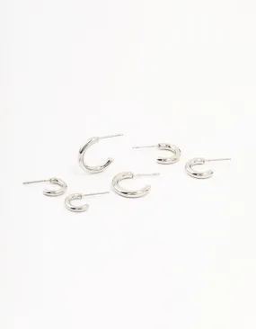 Rhodium Graduating Sized Huggie Earrings 3-Pack