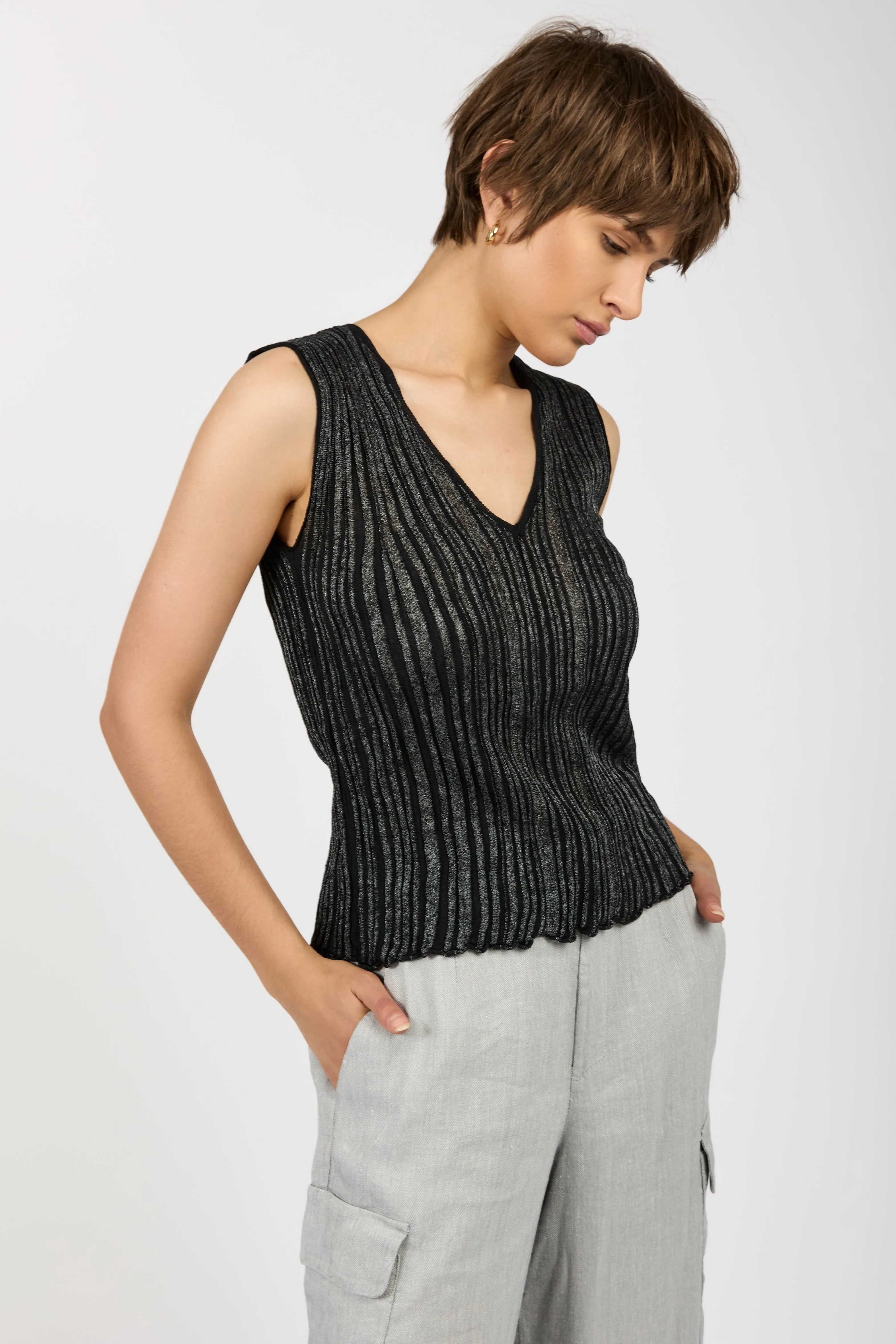 Ribbed Cotton Viscose Top in Black