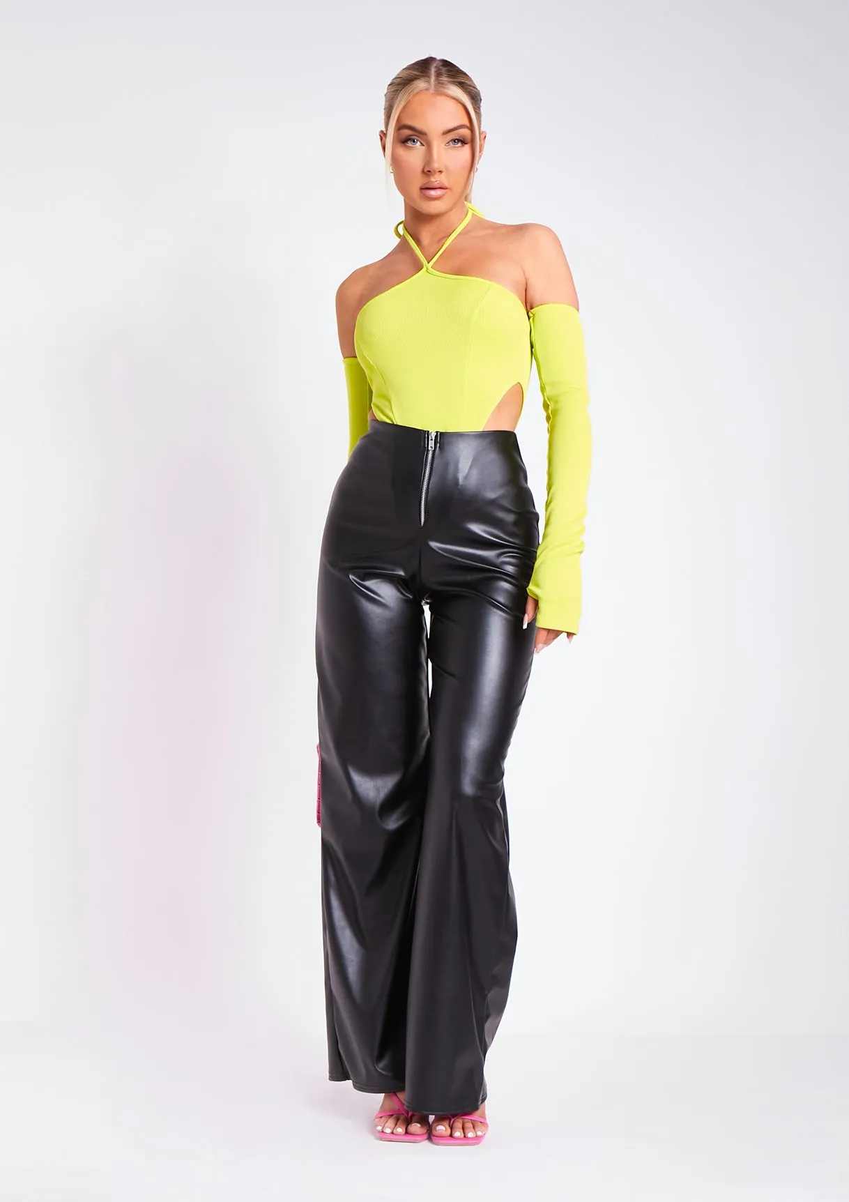 Salma Lime Halter Strap Sleeve Detail Bodysuit