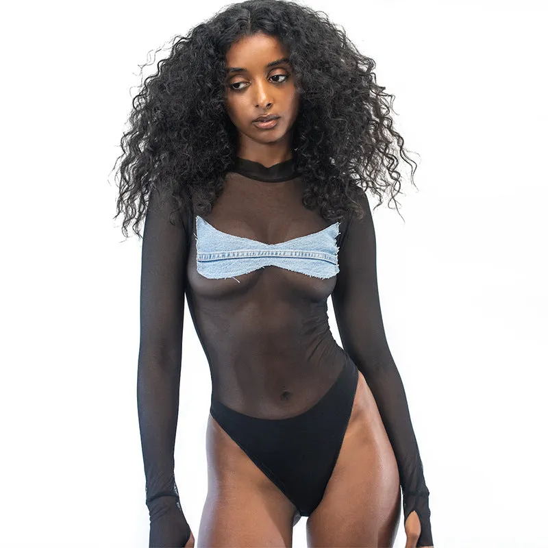 Sanza Sheer Bodysuit with Denim Applique