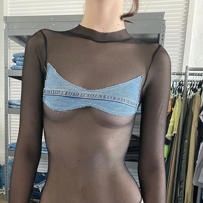 Sanza Sheer Bodysuit with Denim Applique
