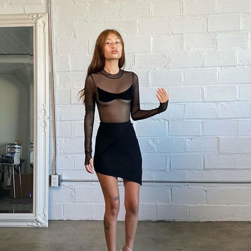 Sanza Sheer Bodysuit with Denim Applique
