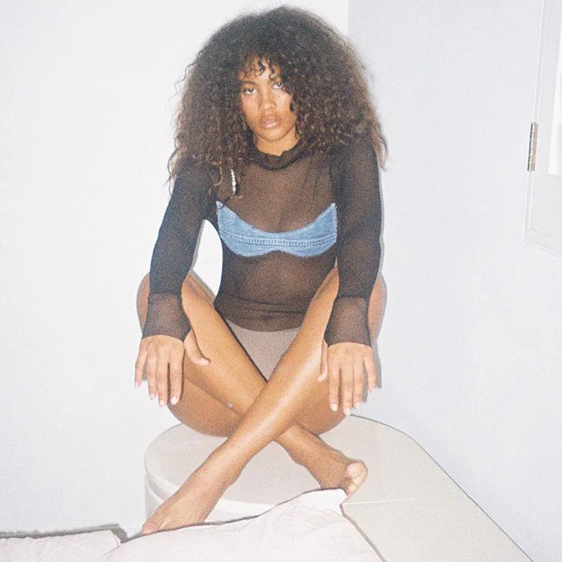 Sanza Sheer Bodysuit with Denim Applique