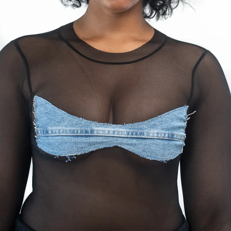 Sanza Sheer Bodysuit with Denim Applique