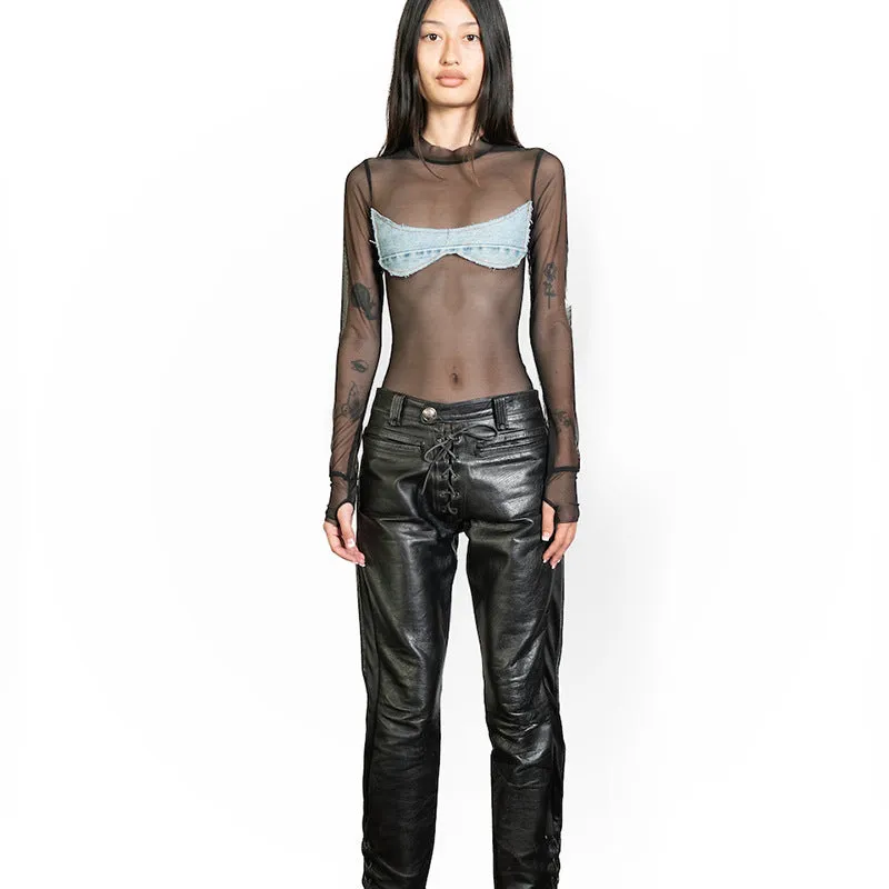 Sanza Sheer Bodysuit with Denim Applique