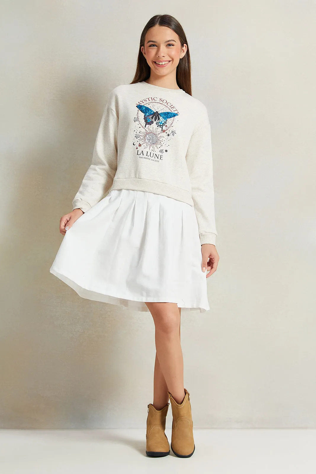 Senior Girls White Printed Sweatshirt Dress