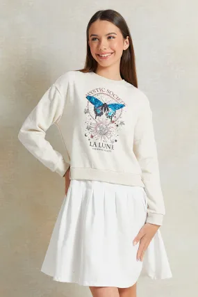 Senior Girls White Printed Sweatshirt Dress