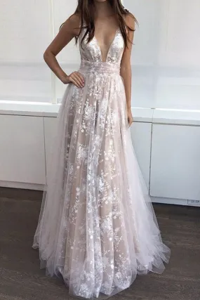 Sexy Prom Dress Lace Formal Dress Long Deep-V Neck Prom Dress