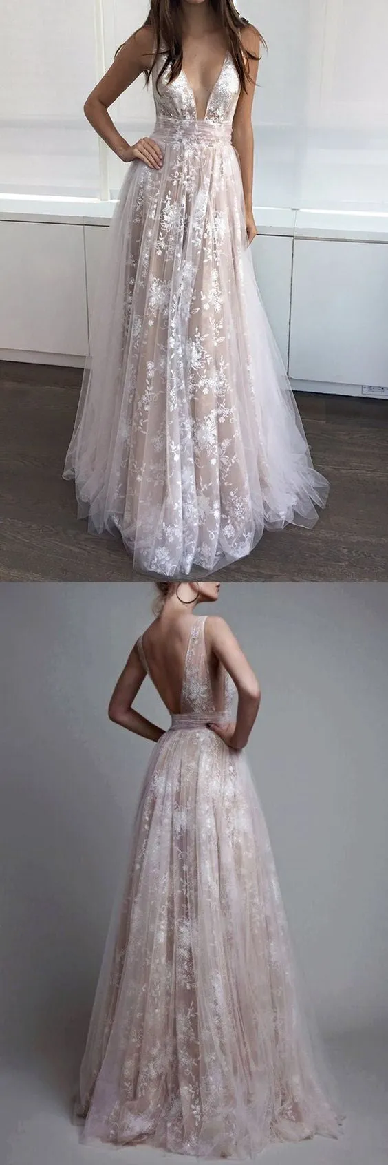 Sexy Prom Dress Lace Formal Dress Long Deep-V Neck Prom Dress