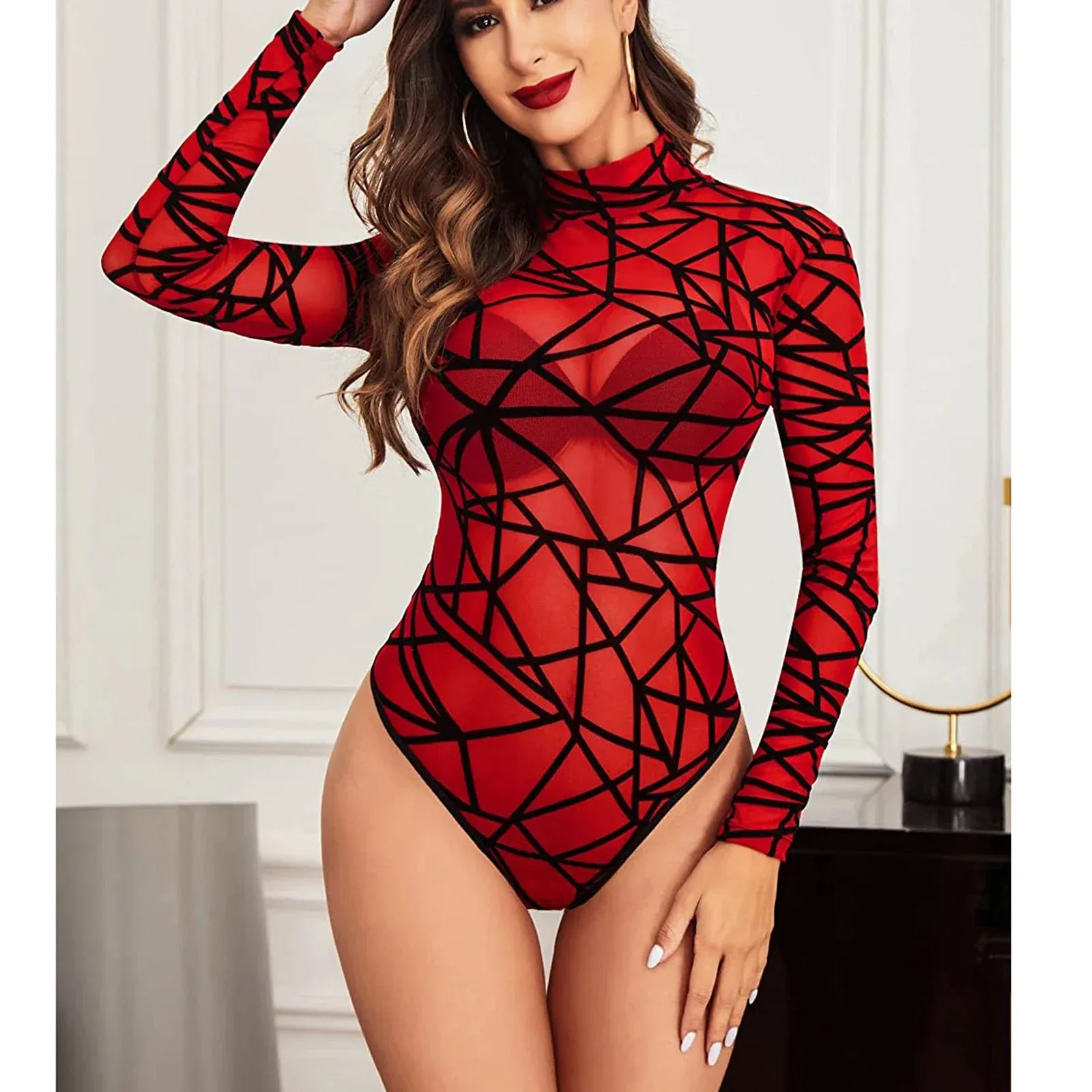 Sheer Bodysuit Geometry Print High Neck Long Sleeve Snaps Rompers