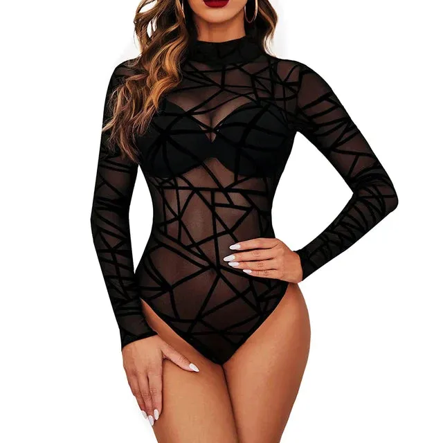 Sheer Bodysuit Geometry Print High Neck Long Sleeve Snaps Rompers