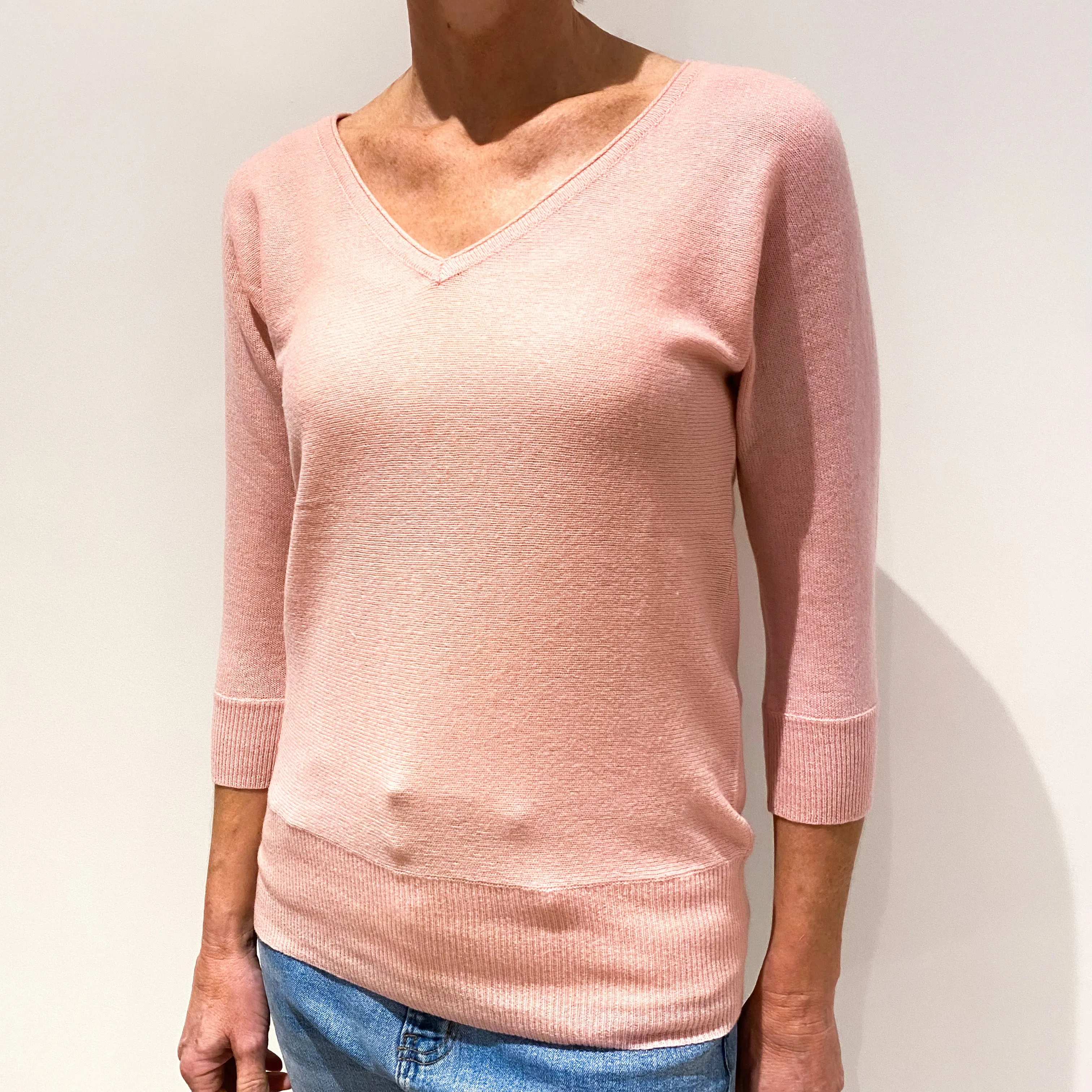 Shell Pink 3/4 Sleeve Batwing Cashmere V-Neck Jumper Small