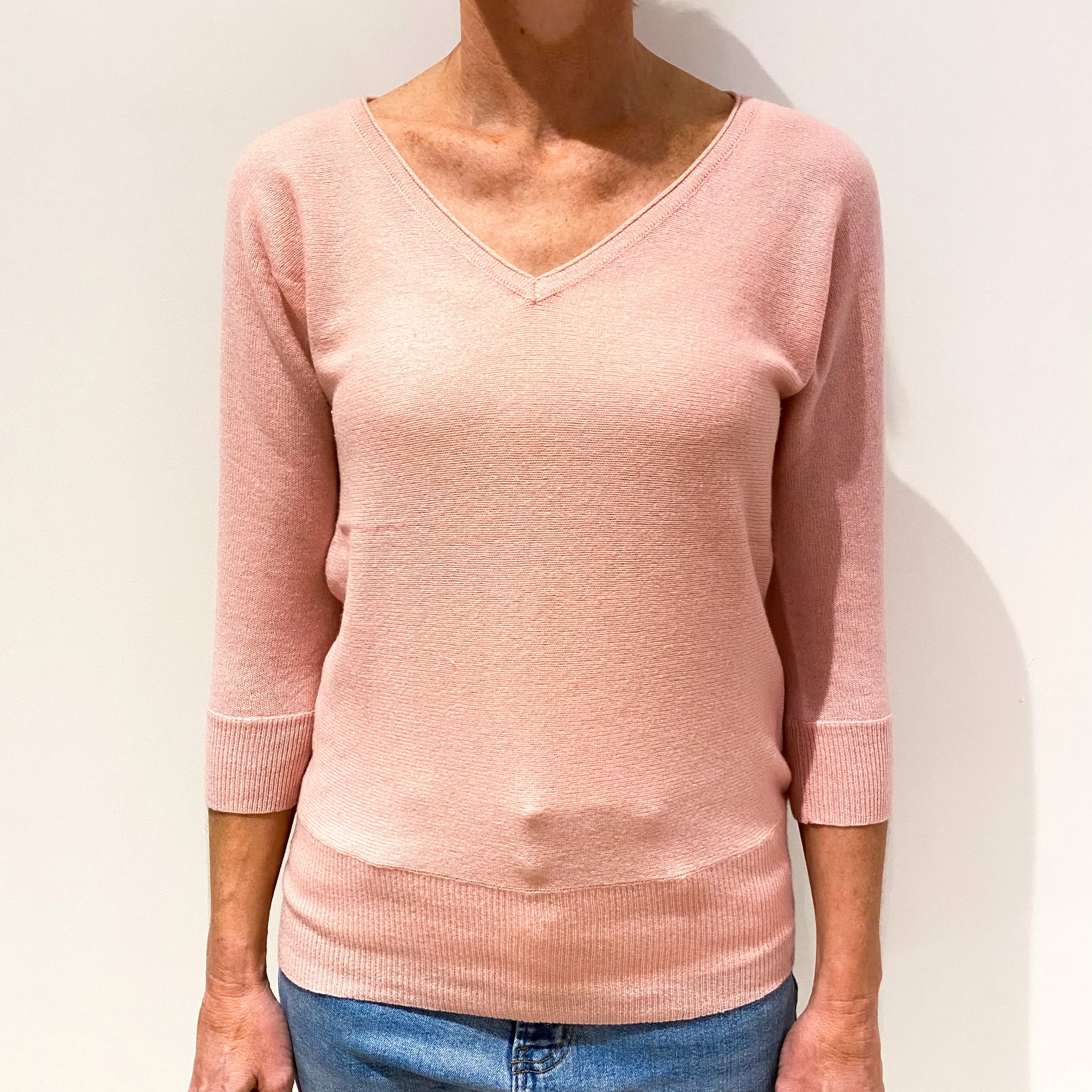 Shell Pink 3/4 Sleeve Batwing Cashmere V-Neck Jumper Small