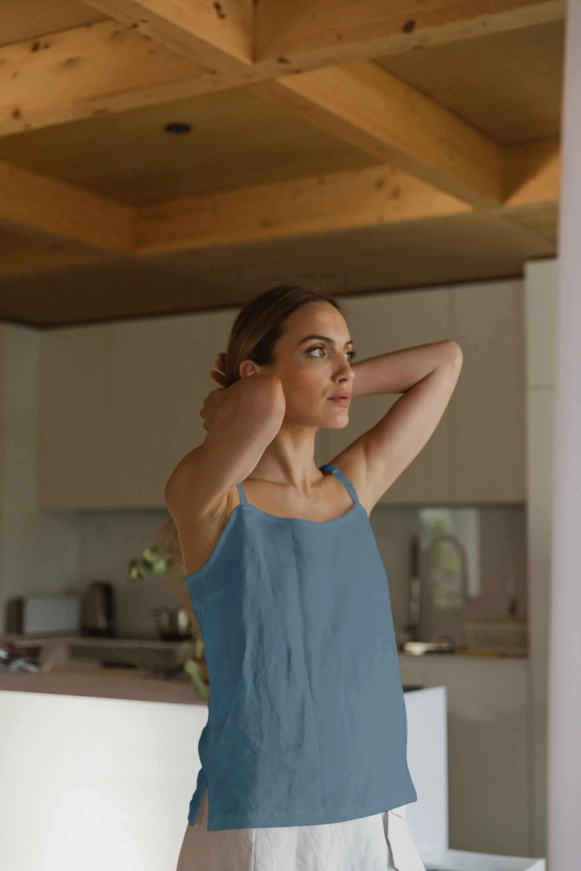 Short french blue linen nightie with straps - Mariane