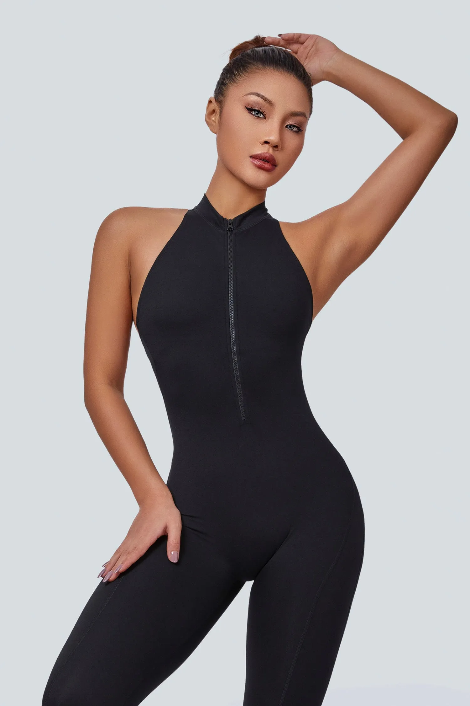 Sleeveless Half-Zip Scrunch Butt Active Jumpsuits