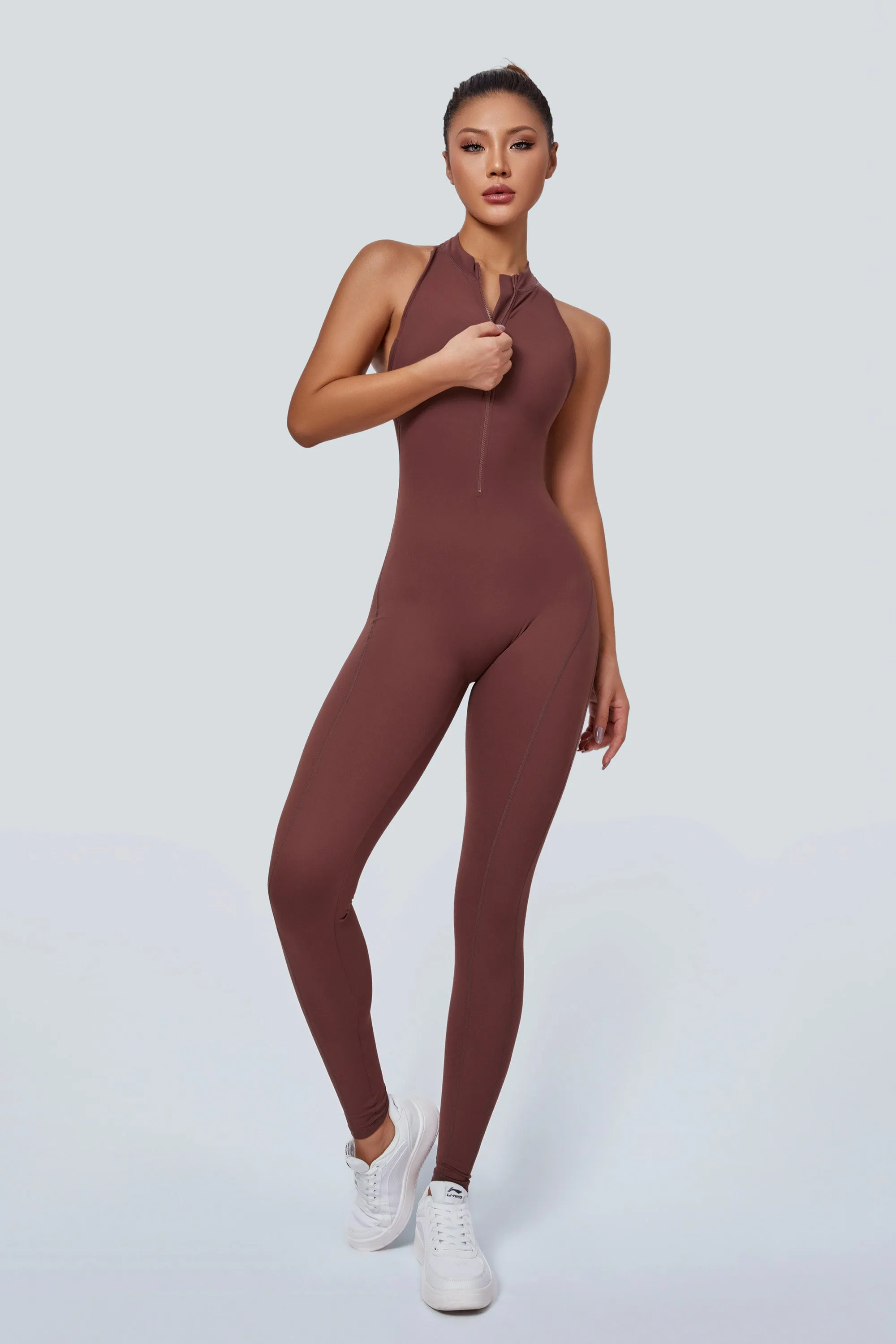 Sleeveless Half-Zip Scrunch Butt Active Jumpsuits