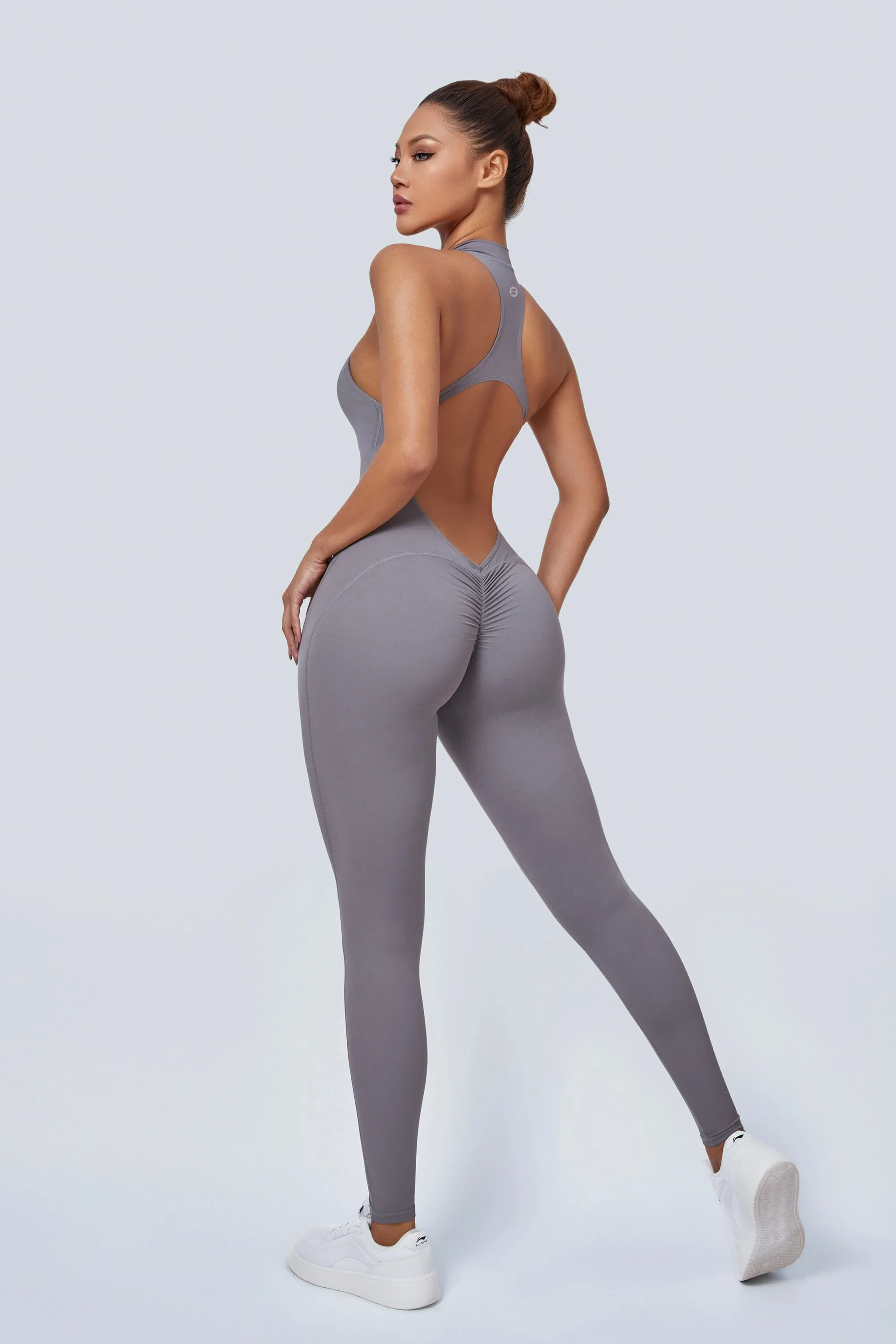 Sleeveless Half-Zip Scrunch Butt Active Jumpsuits