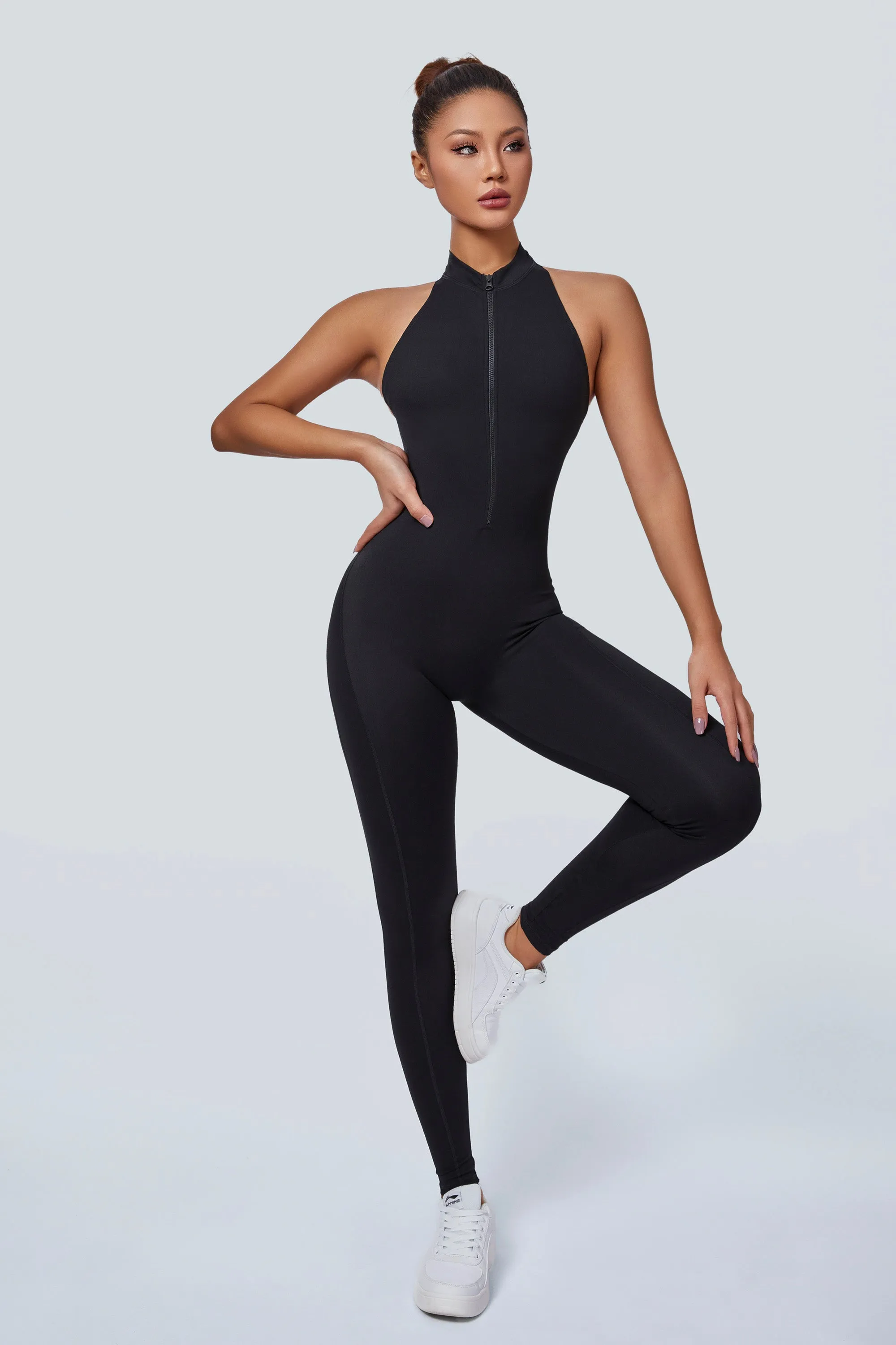 Sleeveless Half-Zip Scrunch Butt Active Jumpsuits