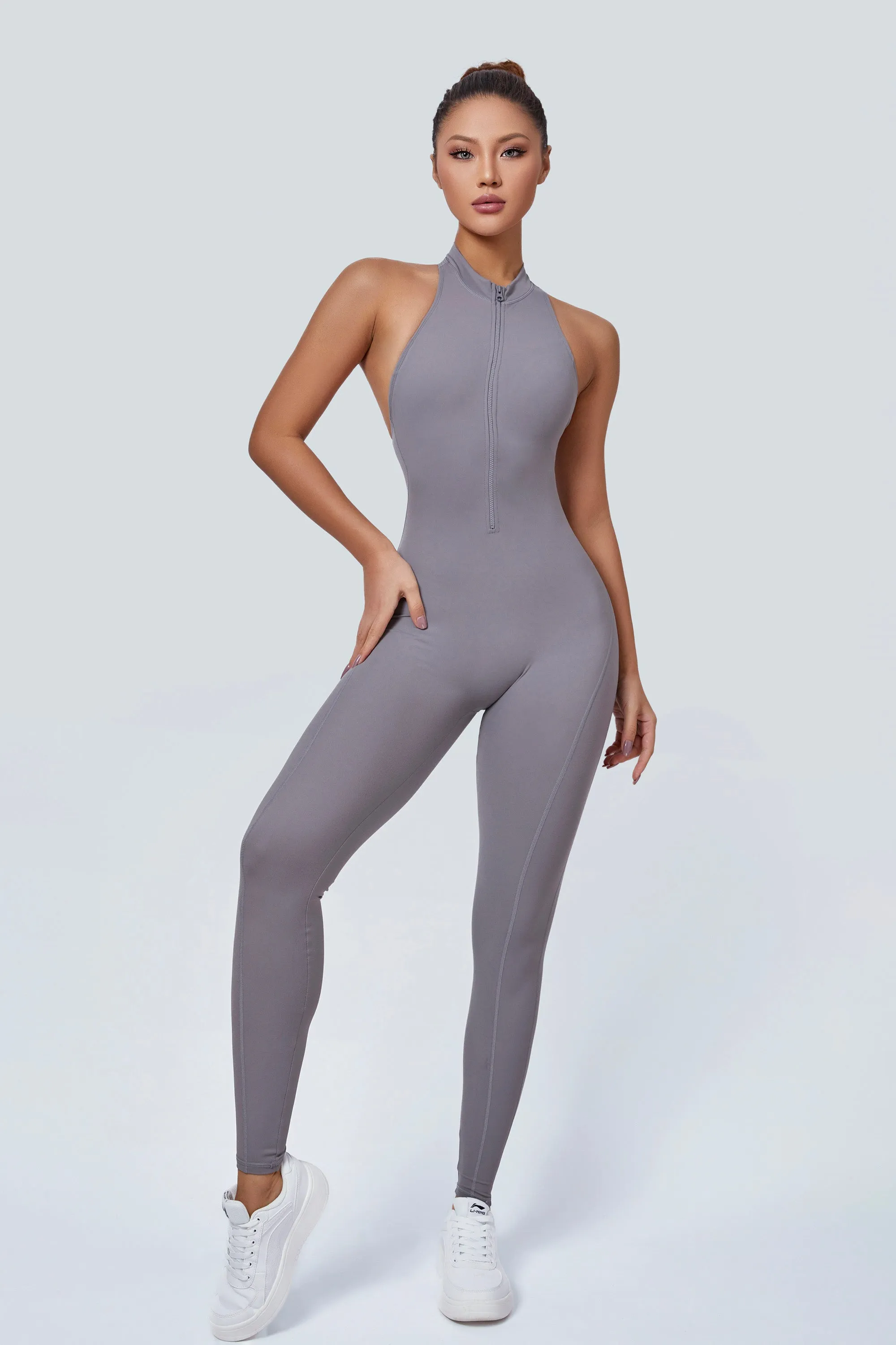 Sleeveless Half-Zip Scrunch Butt Active Jumpsuits