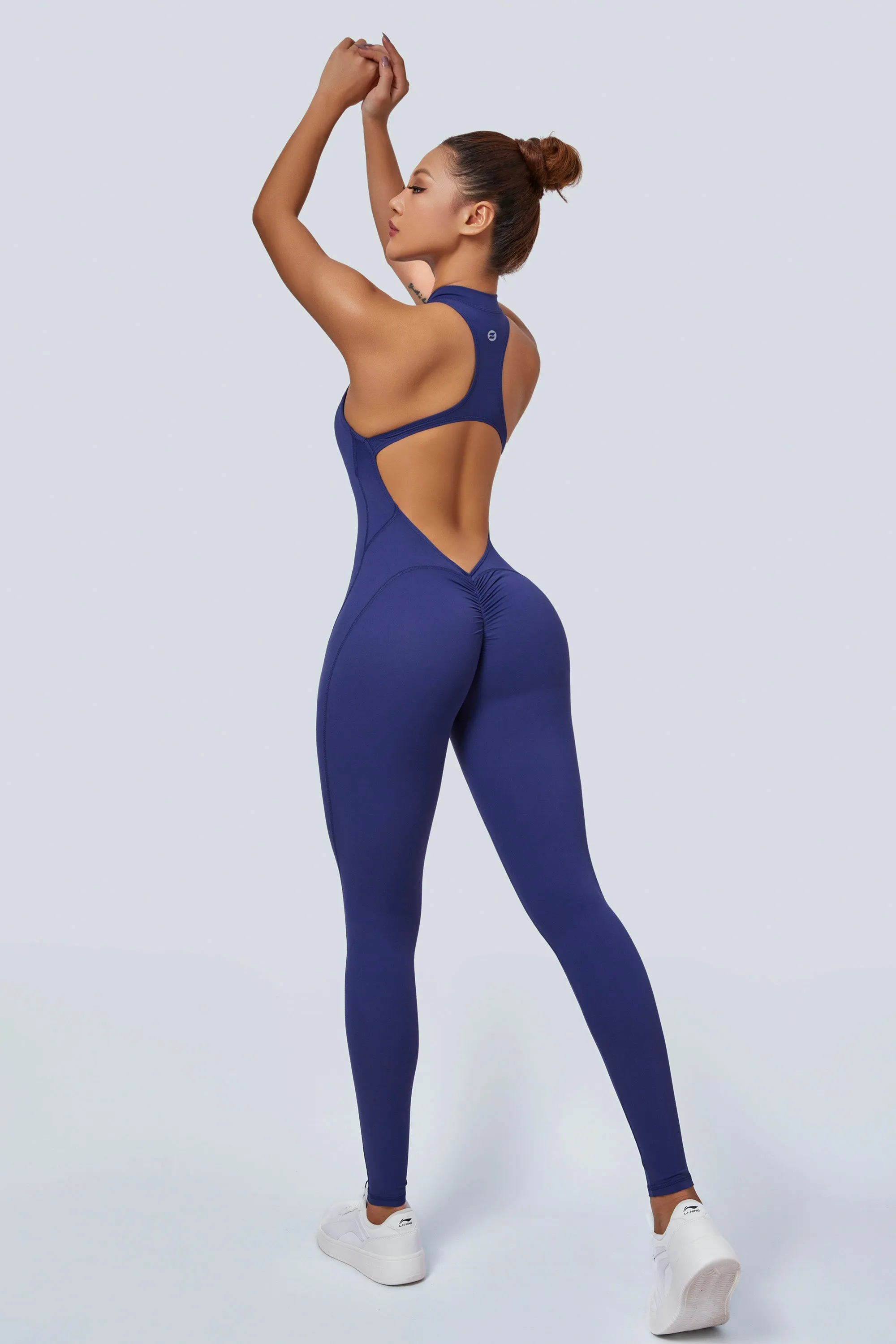 Sleeveless Half-Zip Scrunch Butt Active Jumpsuits