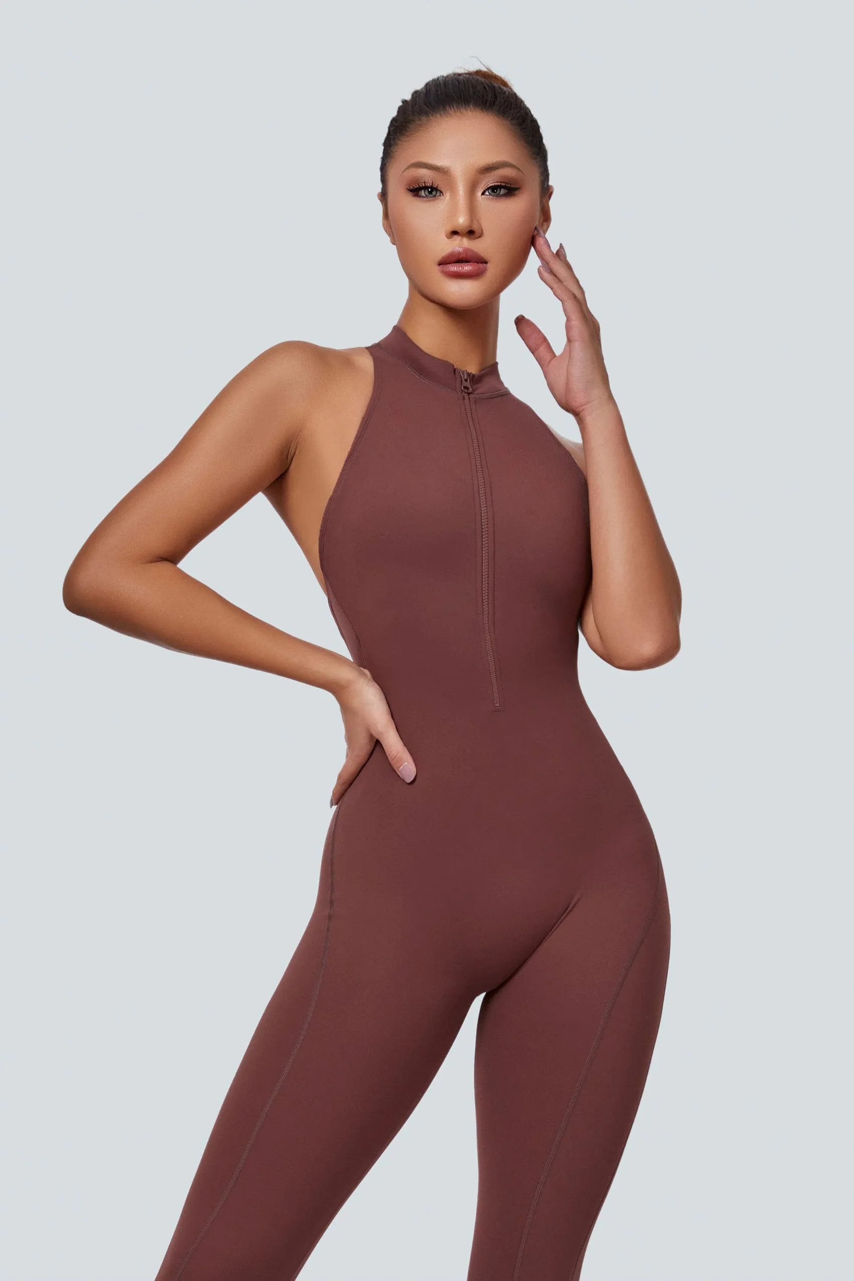 Sleeveless Half-Zip Scrunch Butt Active Jumpsuits