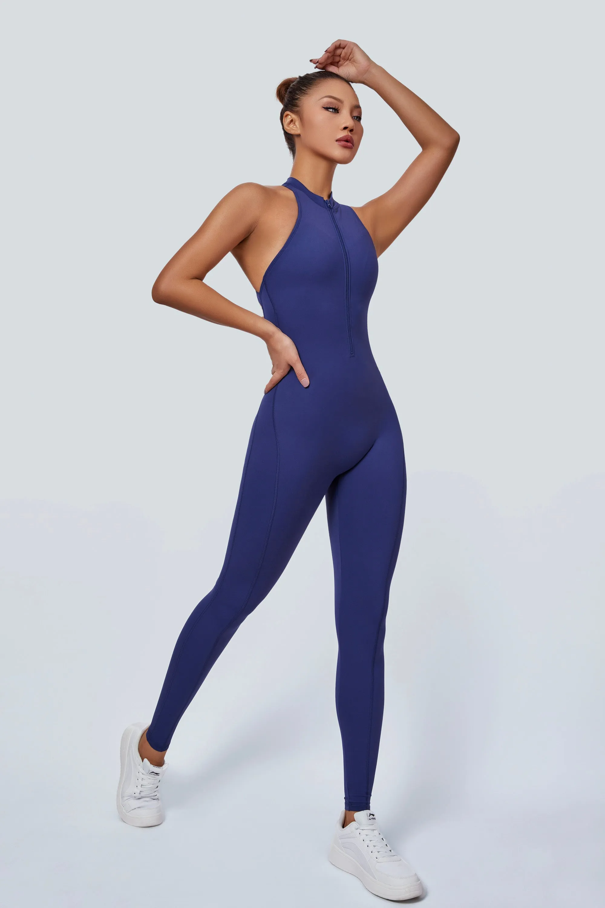 Sleeveless Half-Zip Scrunch Butt Active Jumpsuits