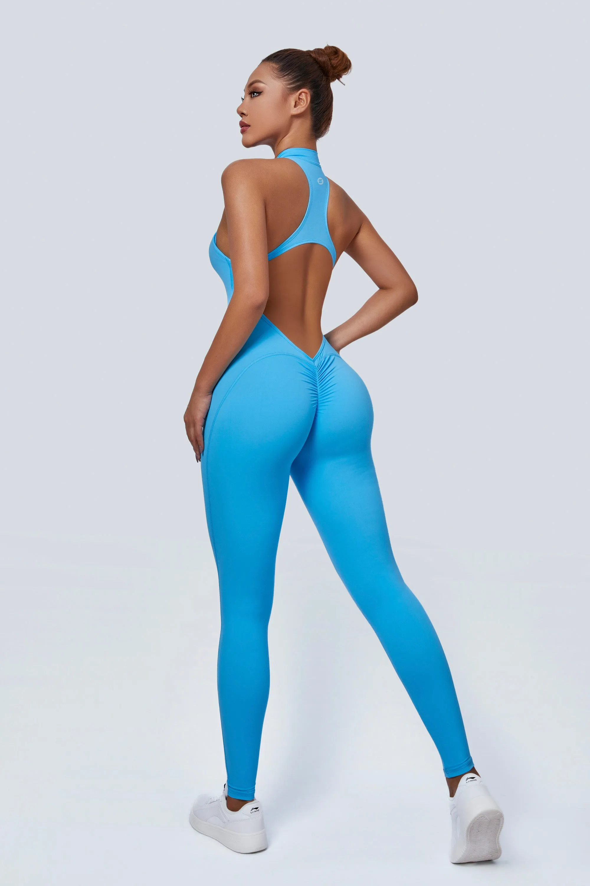 Sleeveless Half-Zip Scrunch Butt Active Jumpsuits