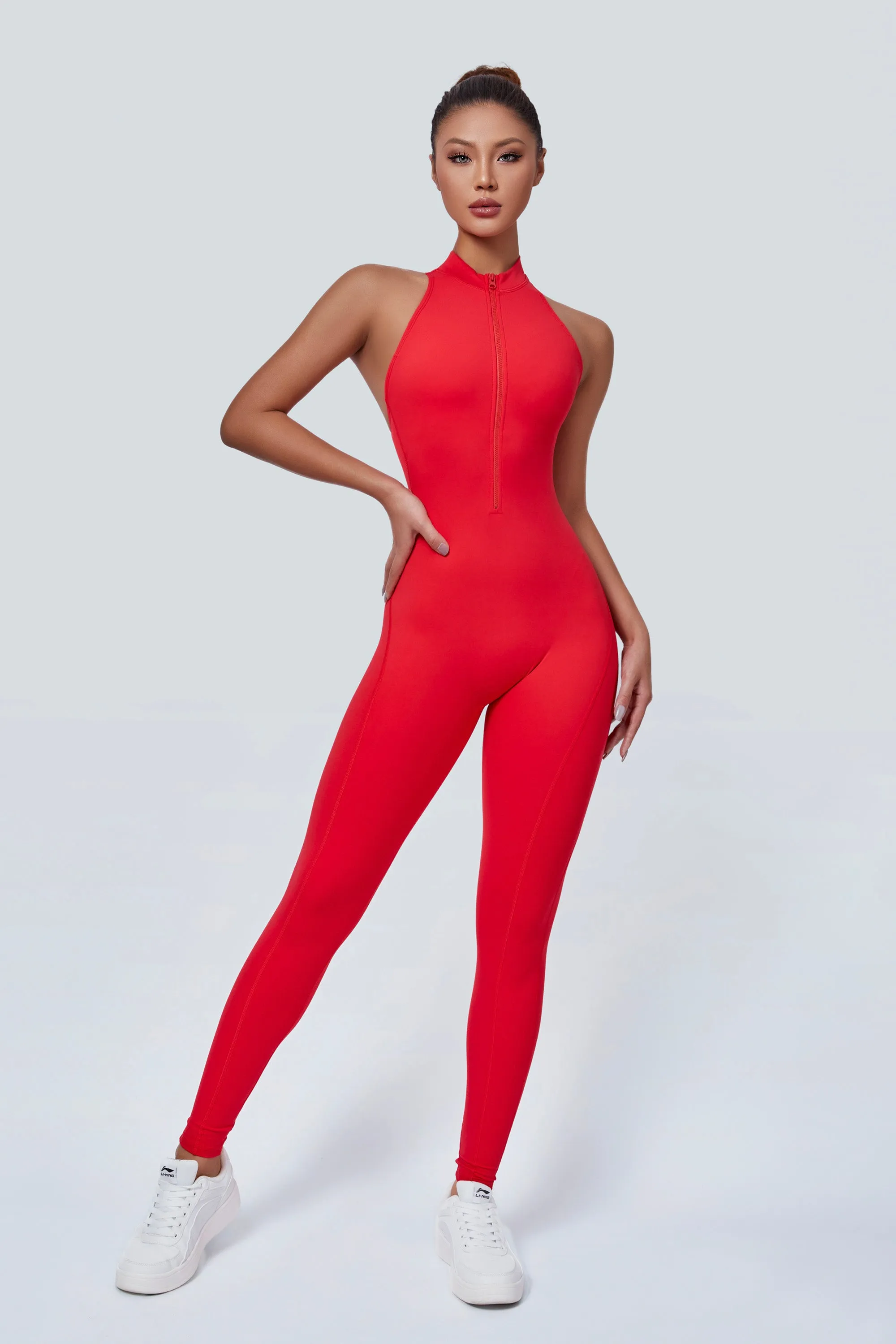Sleeveless Half-Zip Scrunch Butt Active Jumpsuits