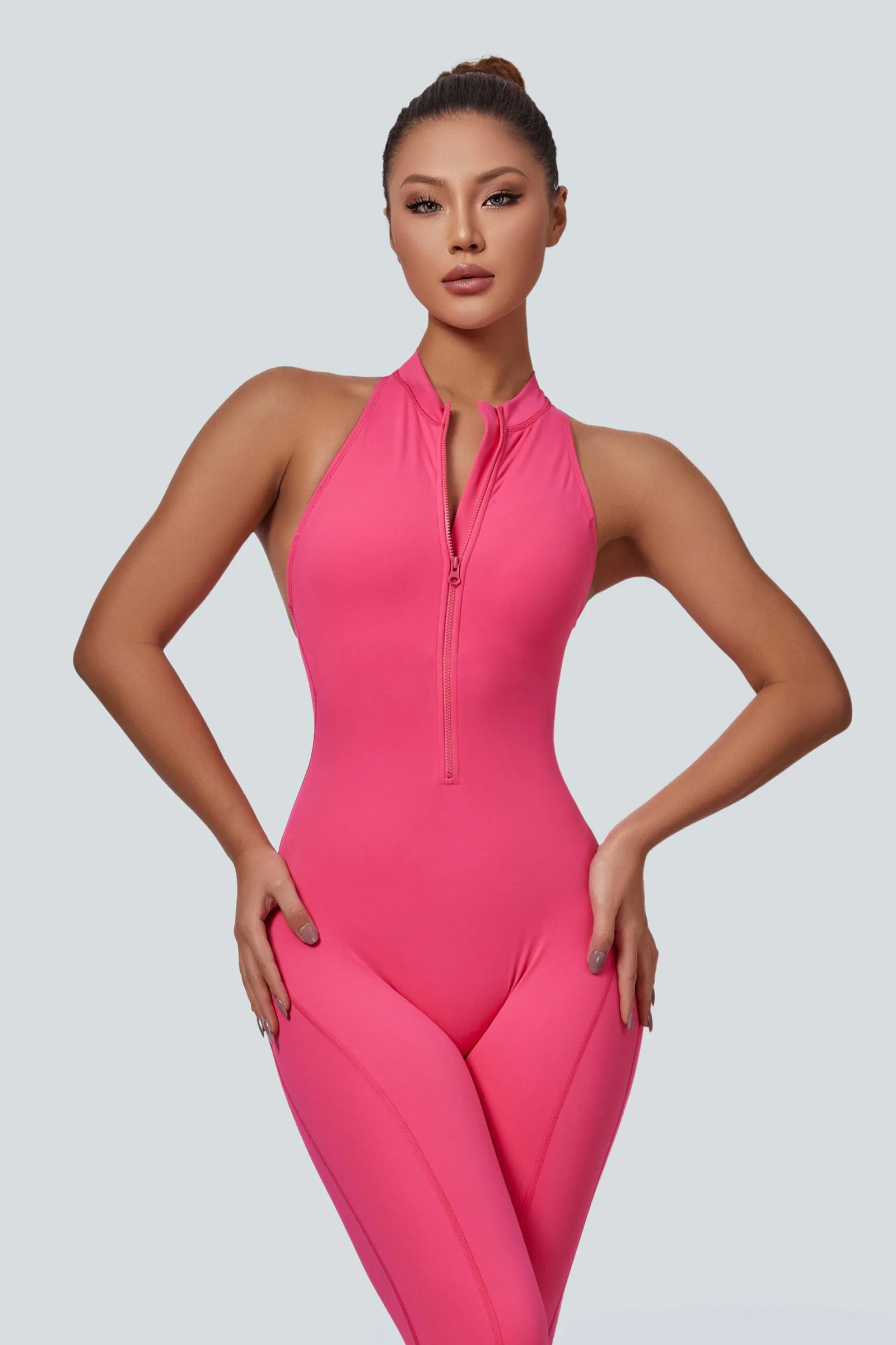 Sleeveless Half-Zip Scrunch Butt Active Jumpsuits