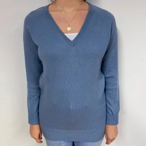 Slouchy Blue Grey Cashmere V-Neck Jumper Small