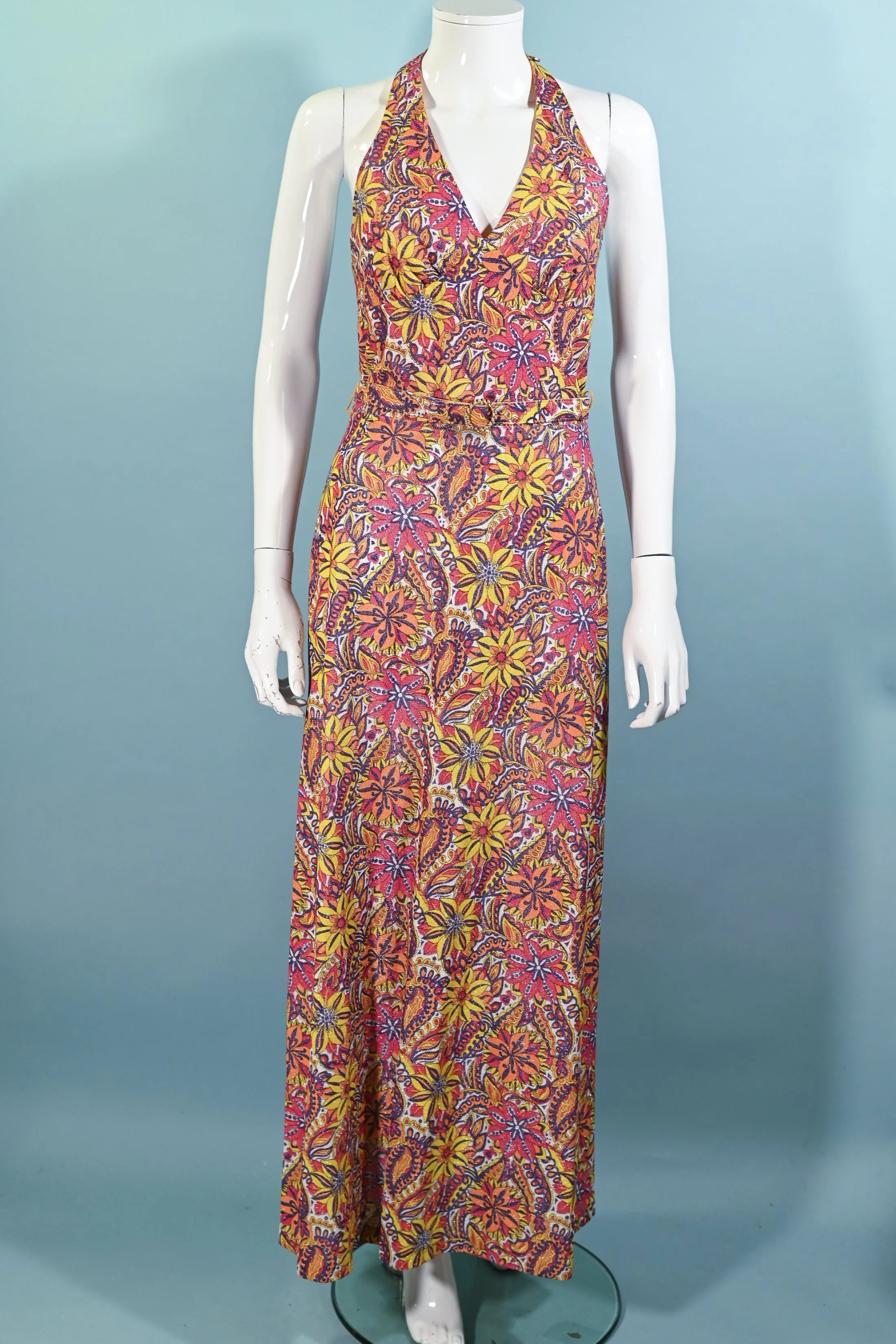 SOLD Vintage 60s/70s Sparkle Halter Dress, Floral Psychedelic Maxi Dress S